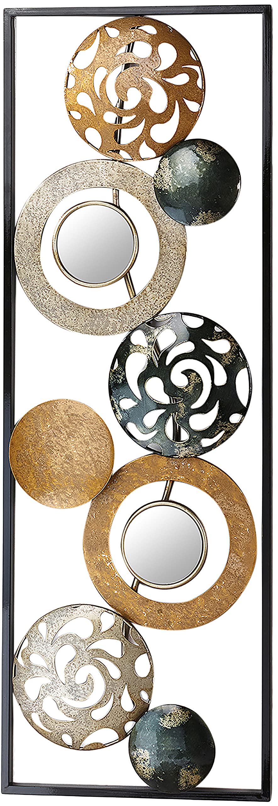 Kobolo Metall-Wandbild Wanddeko Metallbild - mit Ringen, Kreisen und Spiegeln - 90x31 cm