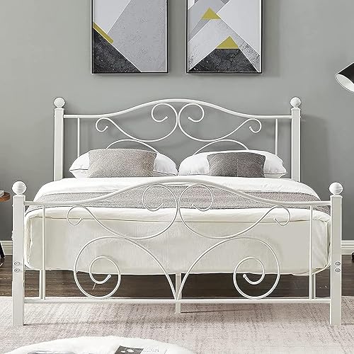 VECELO Base de cama de metal de tamaño matrimonial con cabecera y estribo base de colchón de hierro no necesita somier resistente y fácil de
