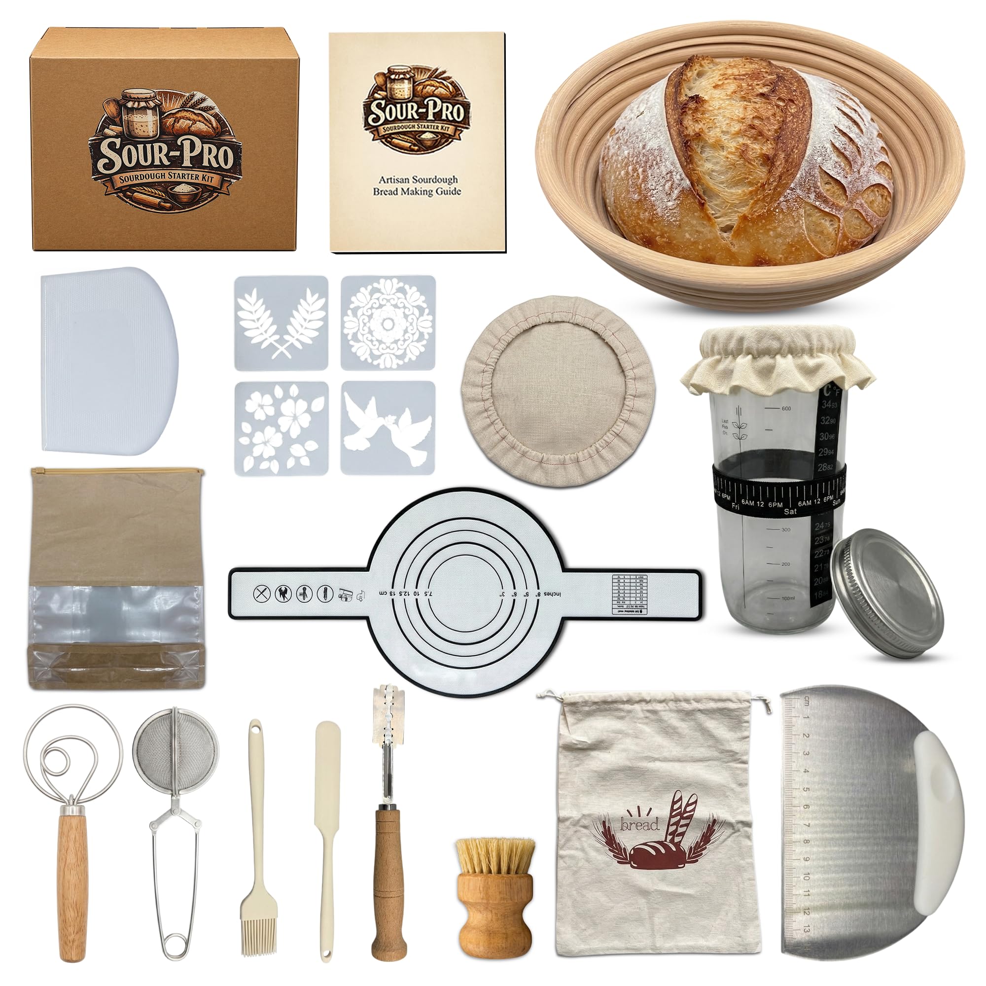 SOUR-PRO All-in-One Sourdough Starter Kit with Glass Starter Jar, Banneton Proofing Basket, Bread Lame, Dough Whisk, Scraper, Complete Bread Making Kit, Sourdough Tools