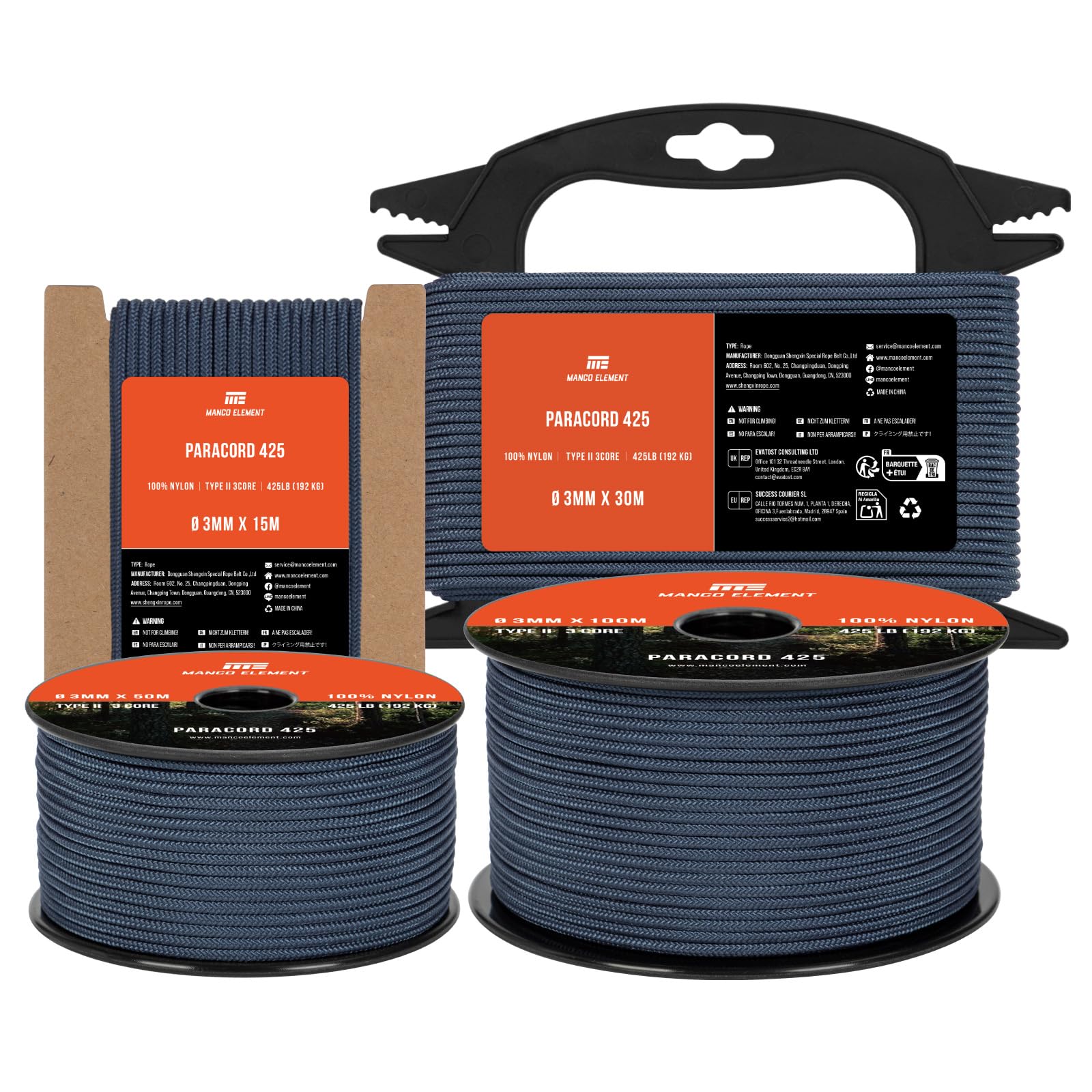 Manco Element 3mm Paracord 425 Type II 50m Navy Blue | 100% Nylon Rope 3 Strands Tactical Cord | Ideal for Outdoor, Camping, Survival, Crafting, DIY