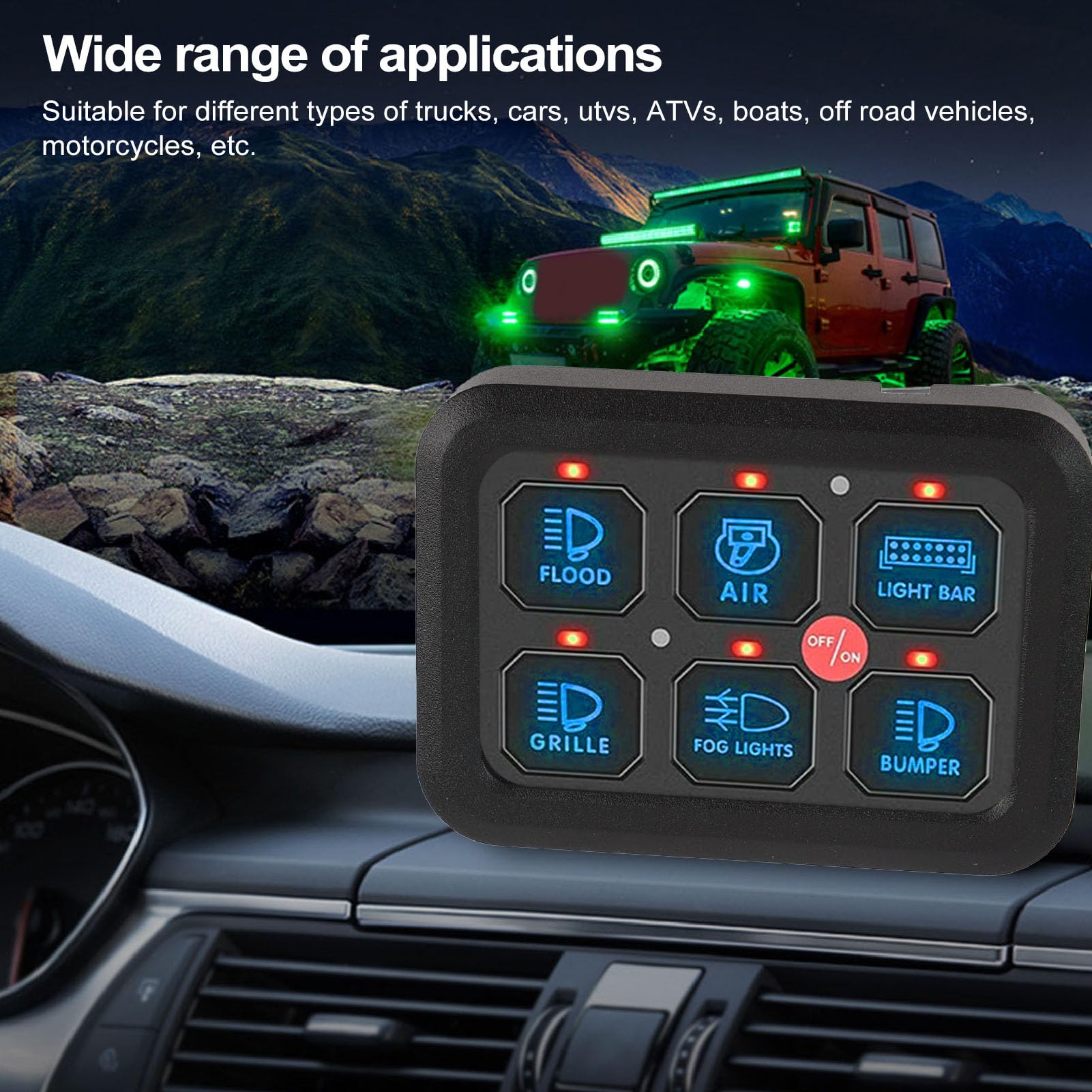 6 Gang 12V Panel Przełącznika z Przyciemnionym Podświetleniem Auto Regulowana Wtyczka Jasności i Odtwarzanie dla LED