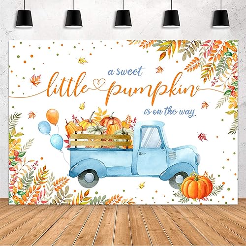 Miniatura 7 de MEHOFOND Telón de fondo de calabaza para baby shower de 7 x 5 pies, diseño de calabaza dulce está en camino, fondo azul para fotografía de hojas de