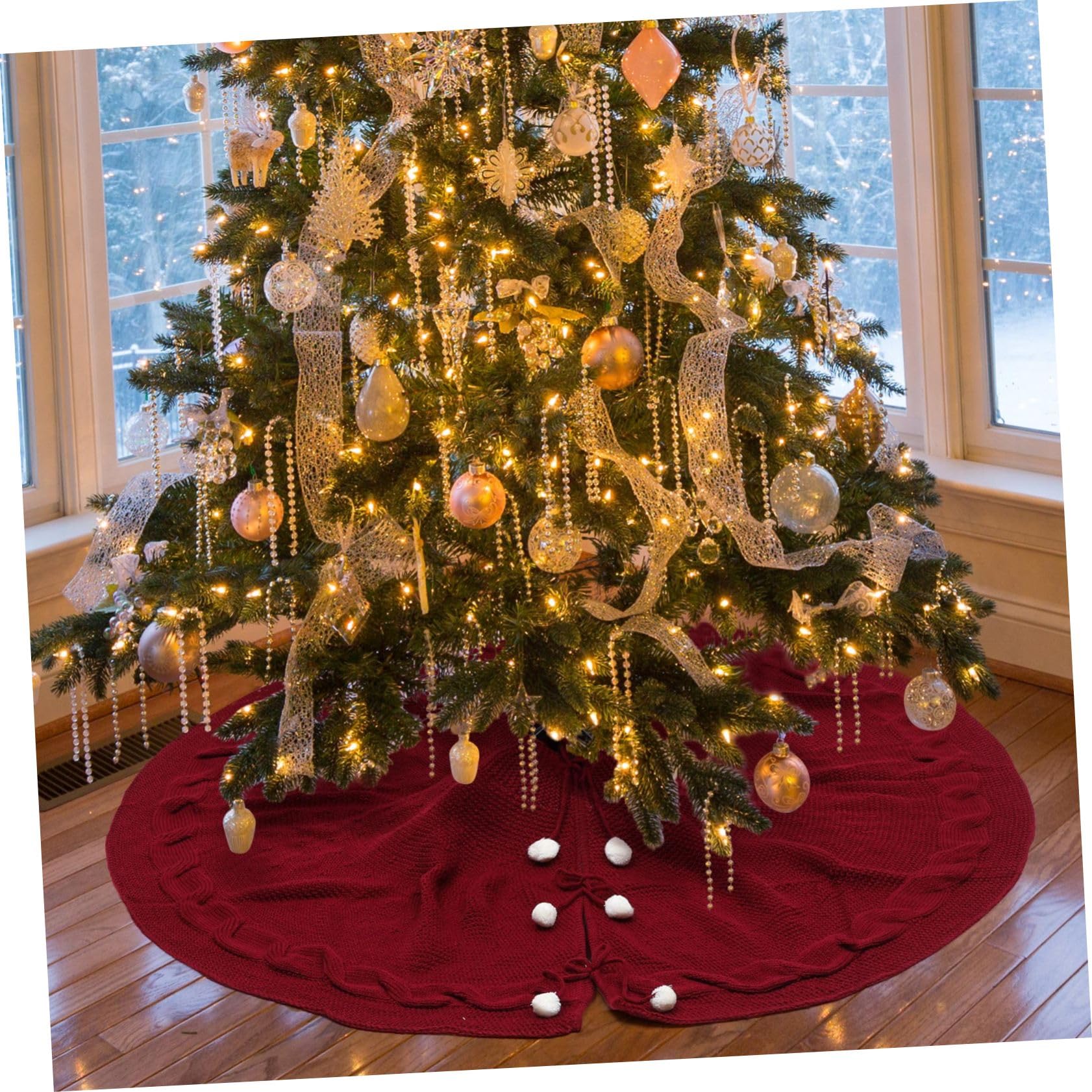 Cabilock Gonna Per Albero Di Natale Rosso Vino in Lana Lavorata a Maglia 120 Cm Di Diametro, Grembiule Decorativo Per Albero Natalizio Da Interno Per Casa, Negozi e Hotel