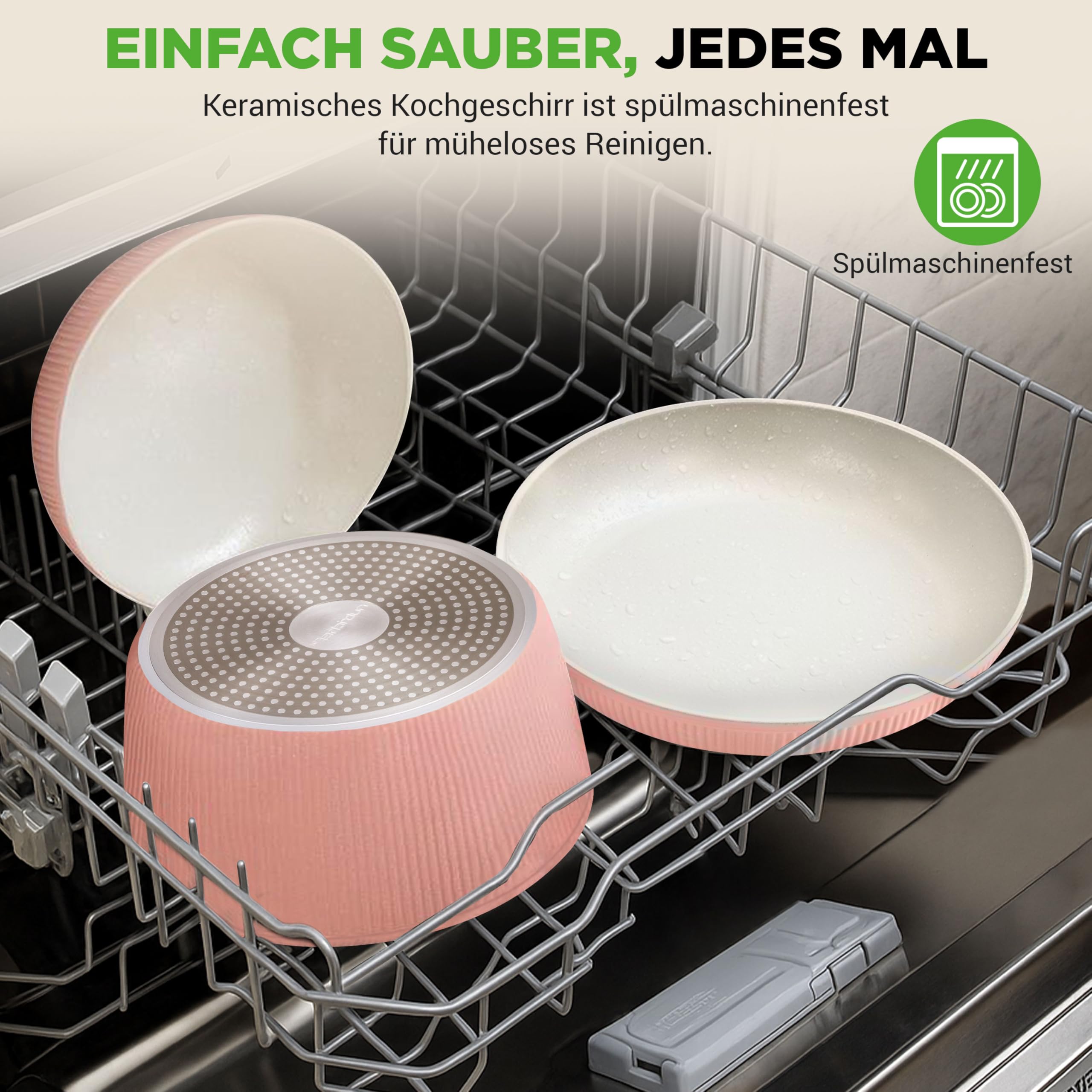 NutriChef Topfset 18 Teilig Keramik Rosa mit Abnehmbaren Griffen Induktion Topf und Pfannenset Antihaft Platzsparend Stapelbar Ofenfest Alle Herdarten
