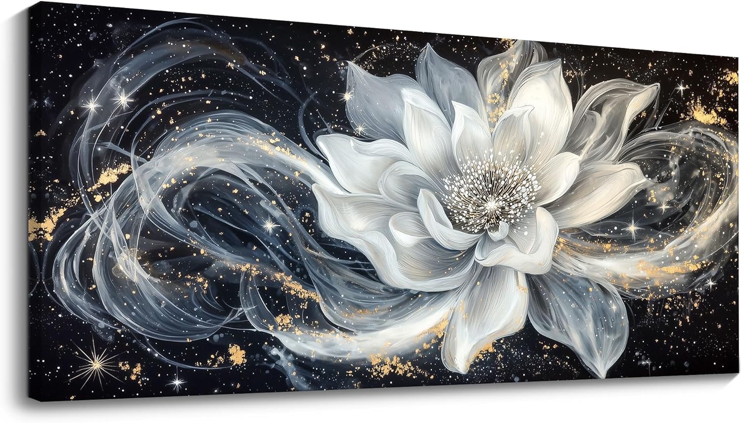 QZQCBLC Large Wall Art, Black and White Lotus Wall Art Modern Abstract Flower Pictures Gold Silver Canvas Painting Artwork for Living room Bedroom kitchen Home Office Decor 29x58 IN 58"L x 29"W Black & White