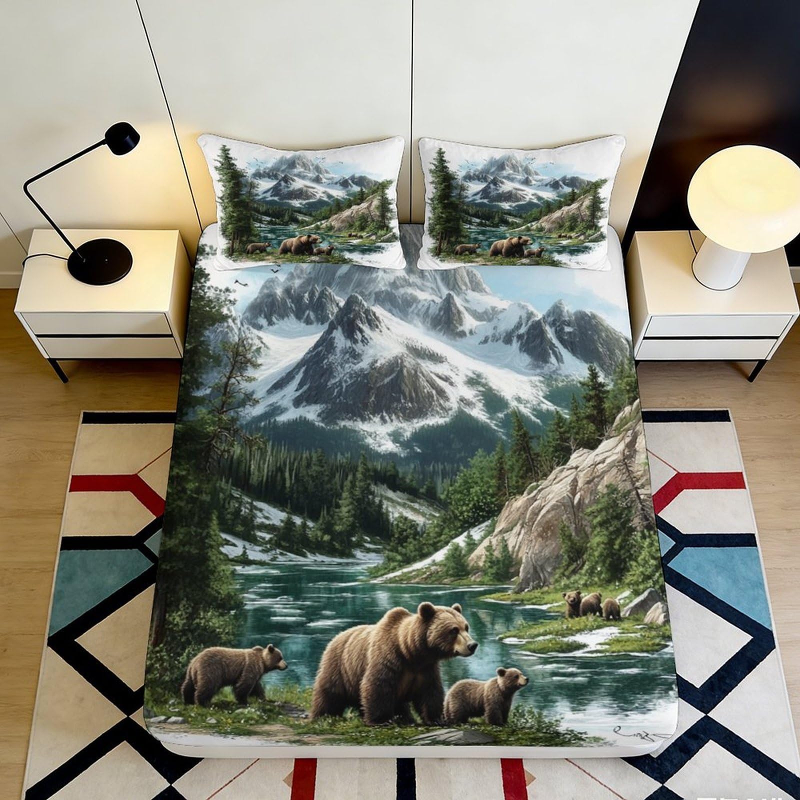 3D Printed Mountain Forest Bear Fitted Sheet Microfiber Soft Breathable River Landscape Bed Cover for Bedroom Dorm Decor 90x200x25cm