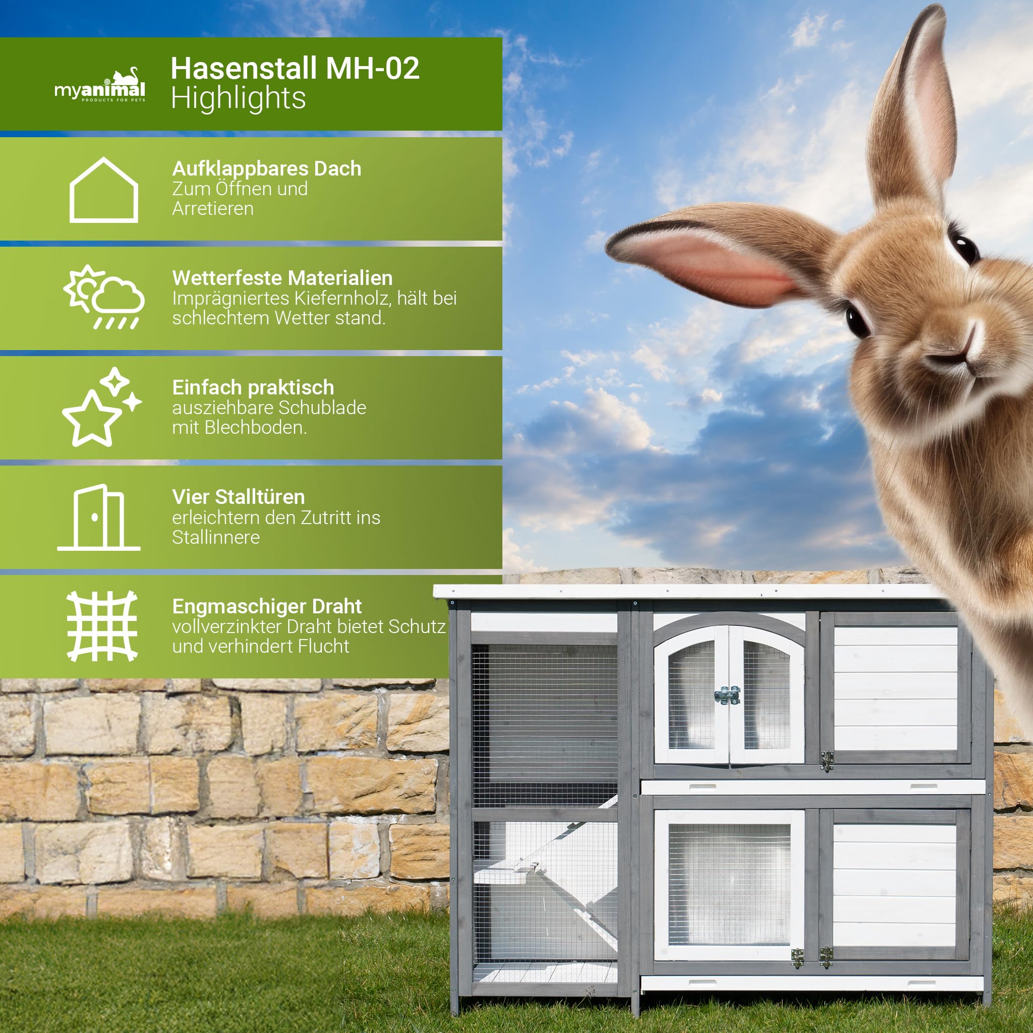 Miweba MyAnimal Hasenstall | 140x48x108cm winterfest - Kaninchenstall draußen - Hasenkäfig - Kleintierkäfig - Hasenhaus - Käfig - Kaninchenkäfig - Nagerkäfig - Gehege - Kleintierstall Indoor & Outdoor