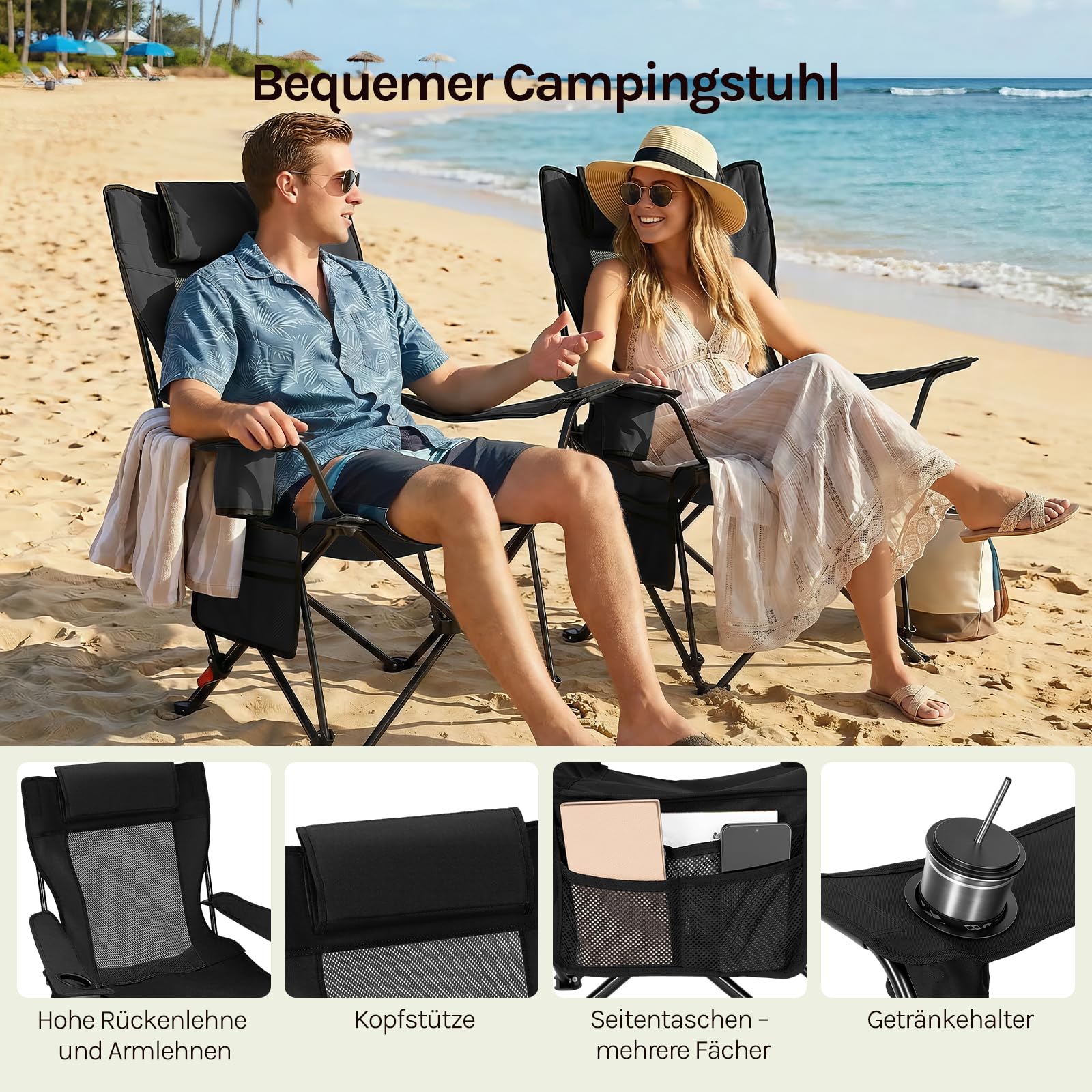 WOLTU Campingstuhl Faltbar 2 Set,Camping Klappstuhl bis 150 kg Belastbar Outdoor Angelstuhl mit Getränkehalter Abnehmbarer Kopfstütze und Seitentasche,für Angeln Picknick und Garten,Schwarz
