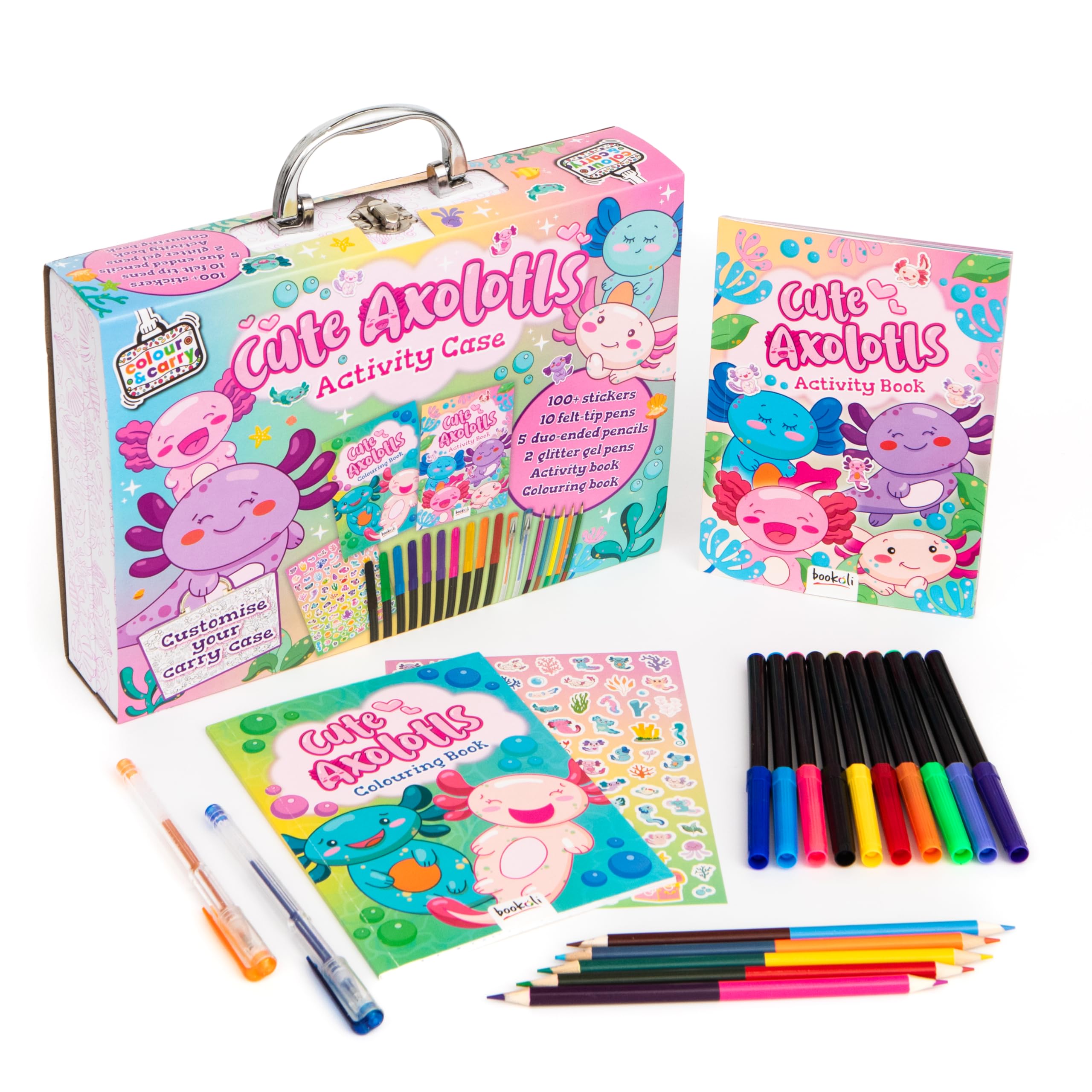 Bookoli - Cute Axolotl Activity Case - Fun Activity Set for Kids - Gift for Kids Aged 6 to 9 Years - Includes Colouring and Activities, Pens and Over 100 Stickers