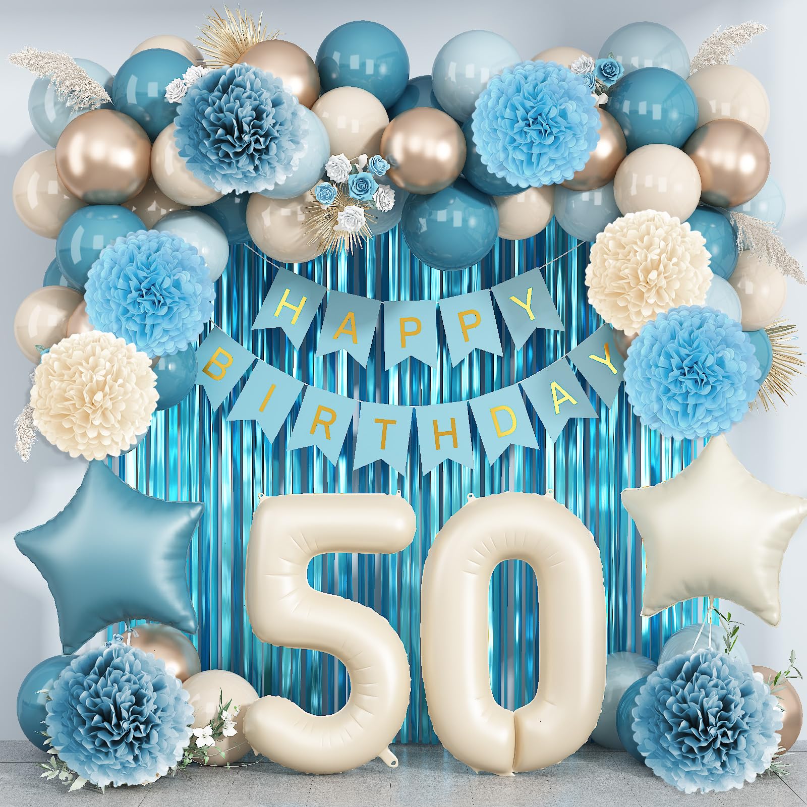 Dusty Blue 50th Birthday Party Decorations Men Beige Number 50 Balloon