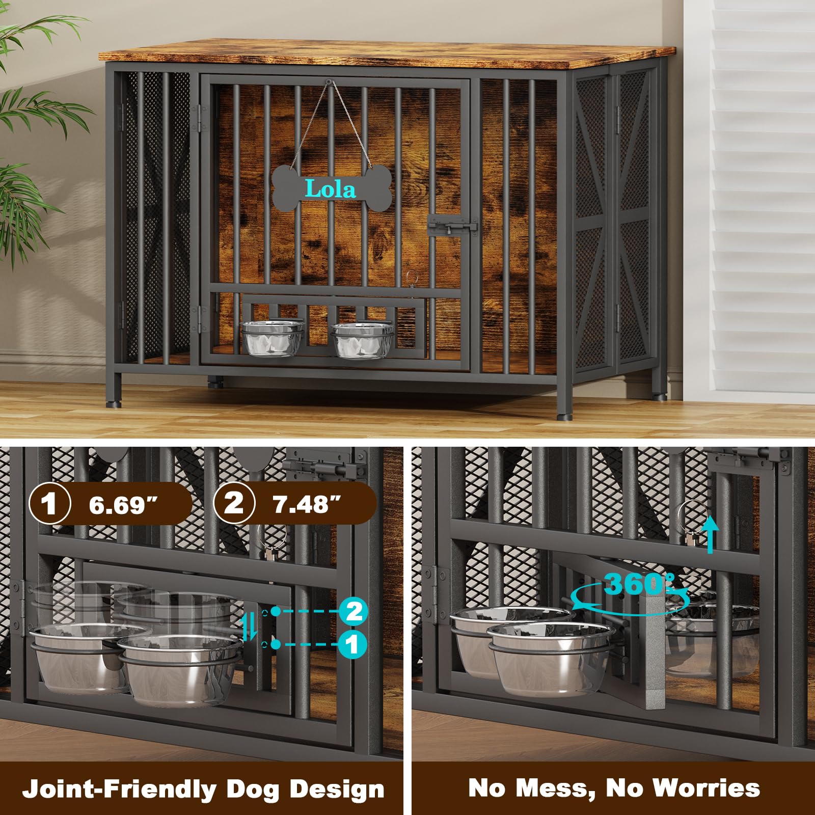 Faltbarer Großer Hundekäfig Möbel für M/L/XL Hunde, 105cm Montagefreie Holz Indoor Hundebox für Zuhause, mit Hundenäpfen & Namensschild, als Beistelltisch & TV-Ständer, 105x65x72cm, Braun