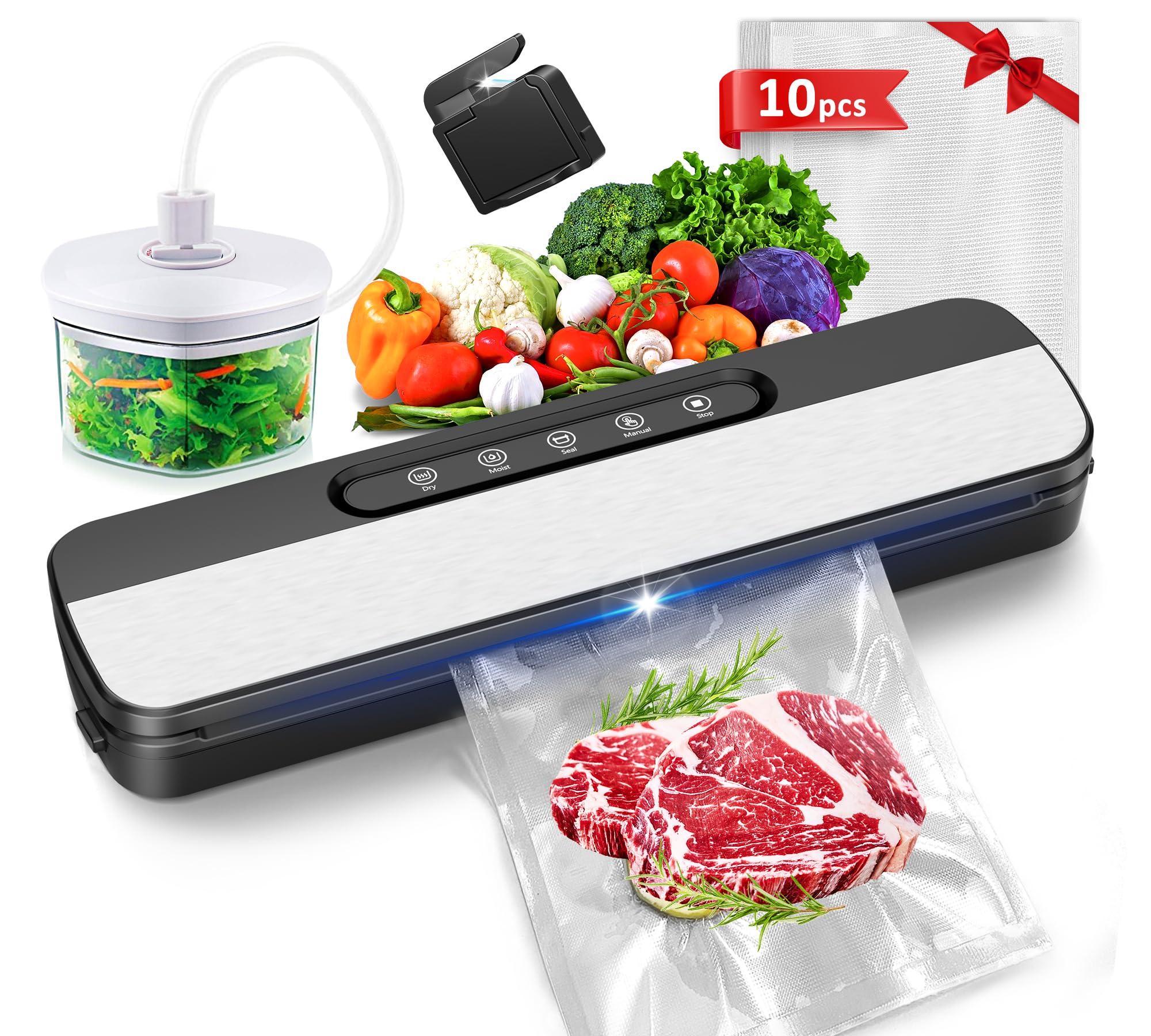 Raycial Vakuumiergerät 7 in 1, 145W Vakuumierer für kontinuierliches Arbeiten mit hoher Geschwindigkeit, Folienschweißgerät Vakuumiergerät für Lebensmittel mit 10 Vakuumier-Beutel und Schlauch