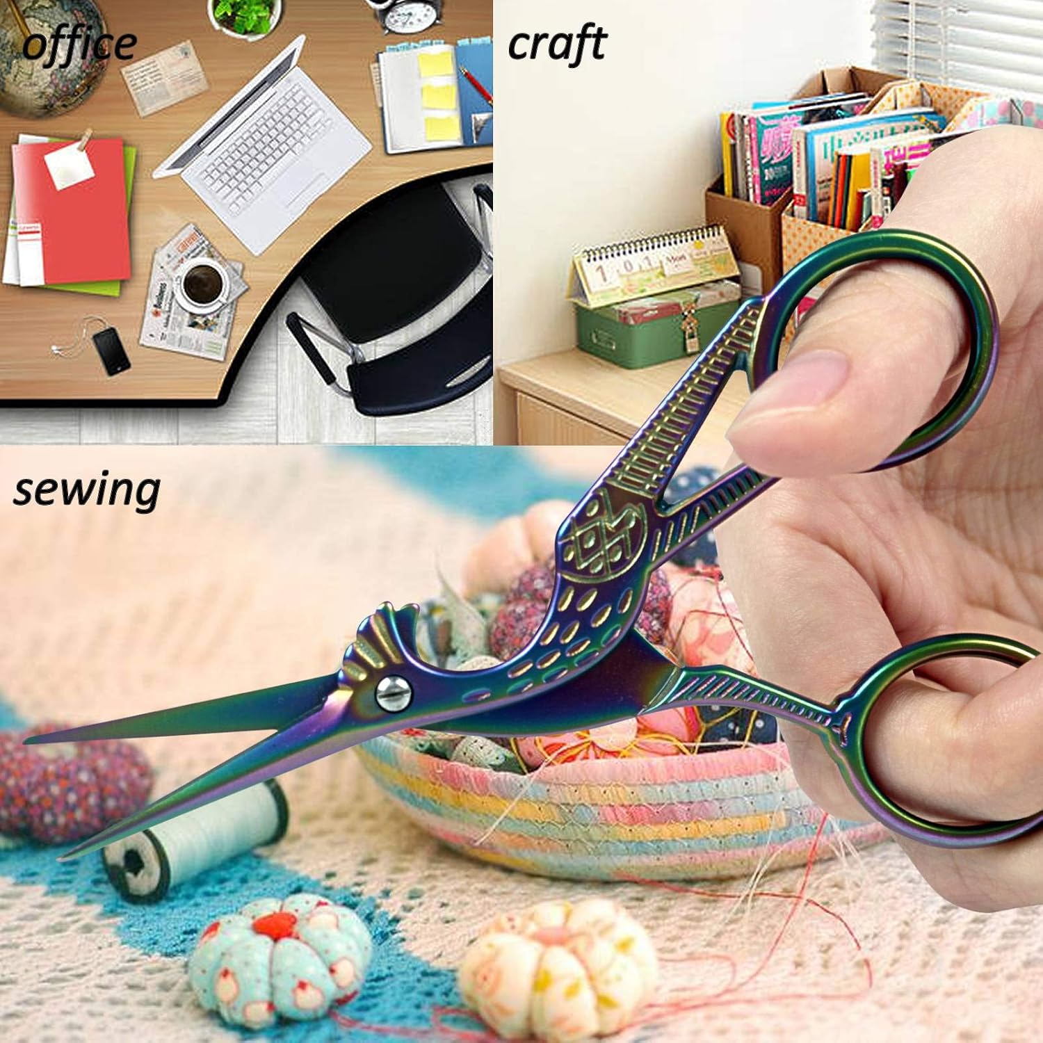 BIHRTC 3Pairs Scissors 4.5 Inch Stork Sewing Scissors and 3.6 Inch Embroidery Scissors Cross Stitch Scissors DIY Tools Shears for Sewing Craft Needlework Art Work Office Everyday Use Coloful