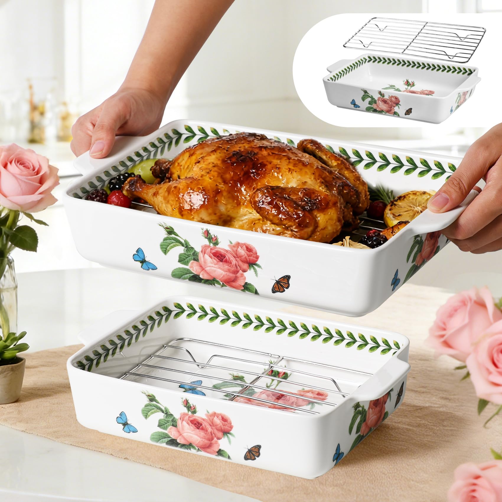 ACMLIFE Ceramic Casserole Dish for Oven, Ceramic Baking Dish Set with Roasting Racks, Flo…