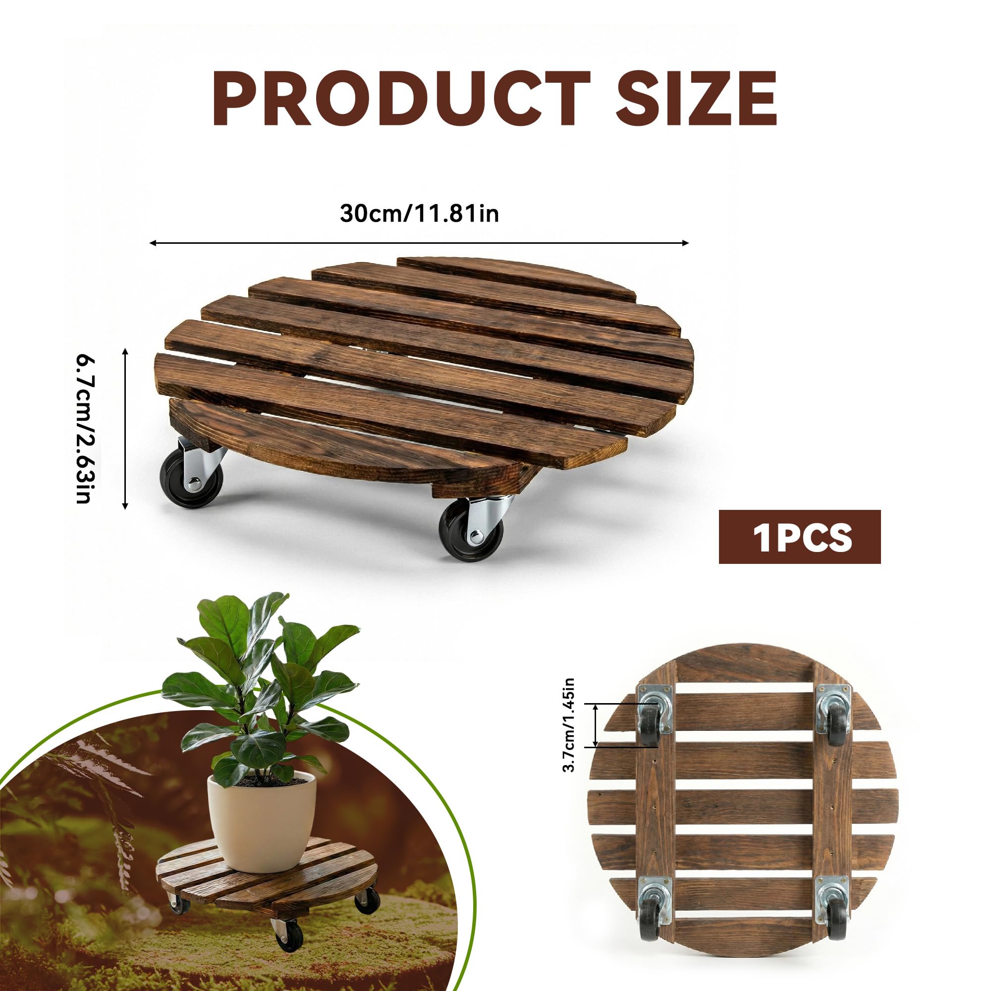 Bois Porte Plante à Roulettes Rondes Chariot Ø 30cm Capacité Charge 120 kg Roues 4 Blocages