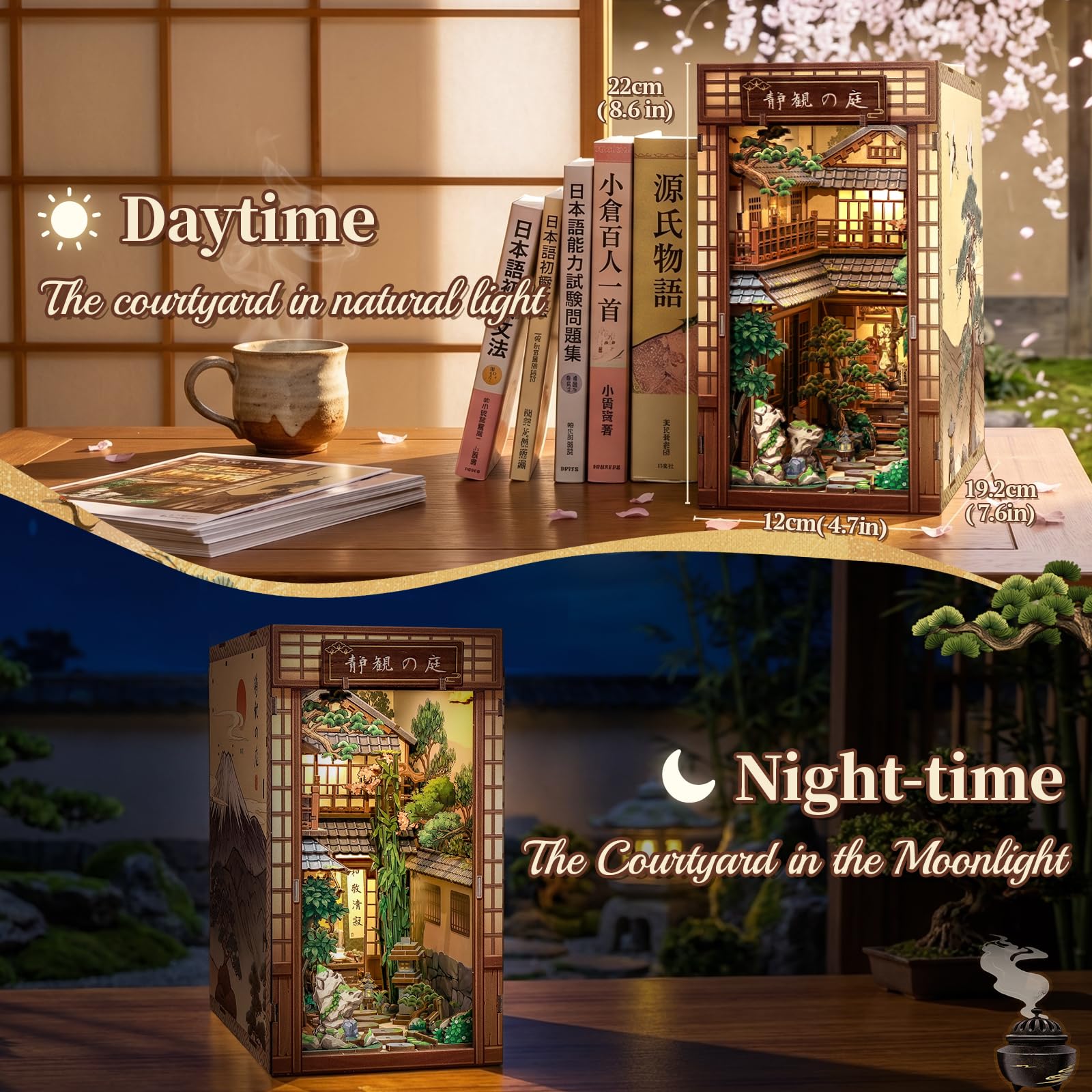 Fsolis Zestaw Book Nook Miniaturowy domek dla lalek - drewniane puzzle 3D dla dorosłych, dekoracja regału i prezent dla entuzjastów majsterkowania (ogród spokoju)