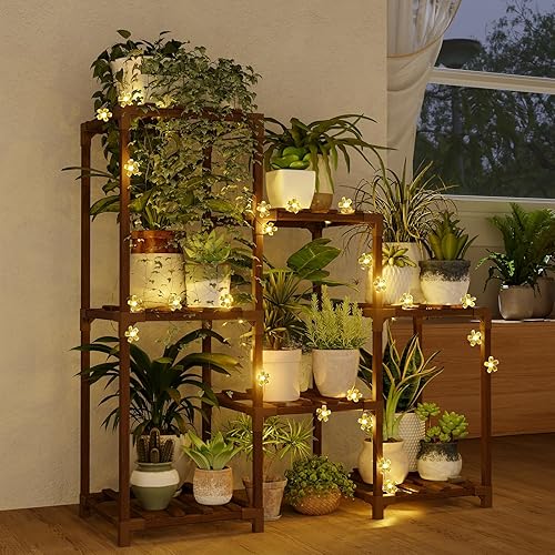 Bamworld - Soporte con guirnalda de luces de flores para plantas de interior, estante de madera de 3 niveles para 7 macetas, para sala de estar,