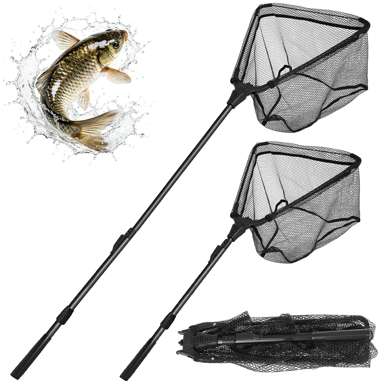 Składany podbierak gumowany, 90 cm, podbierak wędkarski, podbierak wędkarski, podbierak wędkarski, podbierak wędkarski, podbierak do łowienia pstrągów, karpi, łososiowatych, kotów i basów, dla