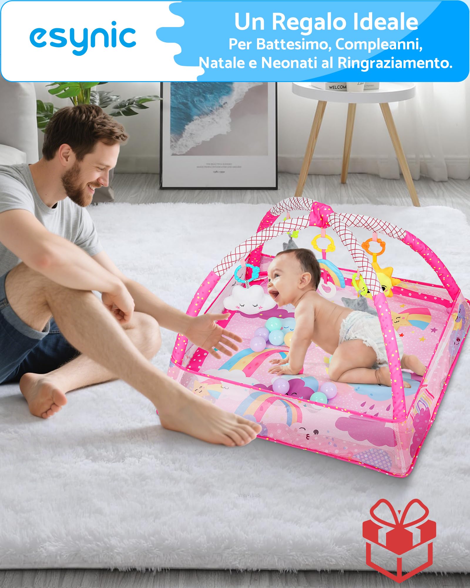 eSynic Tappeto Gioco per Neonati 77x77cm con 5 Giocattoli Sonori Sospesi Rimovibili, Piscina di Palline, Facile da Montare e Lavare, Sviluppo Sensoriale, Palestrina per Piccoli 0-18 Mesi - Cielo Rosa