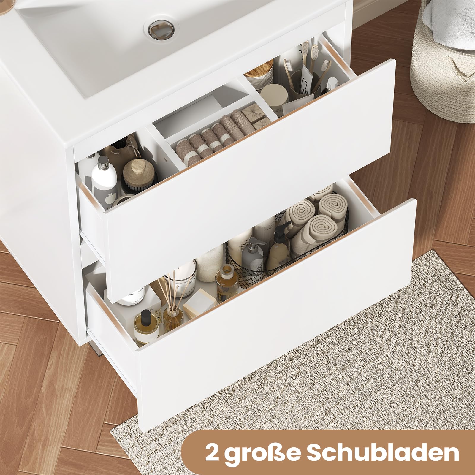 KIMENICH Waschtisch mit Unterschrank 60 cm, Waschbeckenunterschrank, Badezimmerschrank mit 2 großen Schubladen, Unterschrank Waschbecken mit Füßen, Viel Stauraum, 61 x 46.5 x 87 cm, Weiß