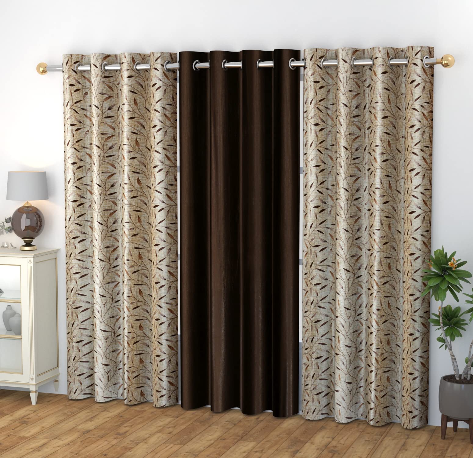HOME UTSAV Premium 3 Piece Combination Printed and Solid Curtains for Window 5 Feet, Brown (B0C6FDG56Q) Amazon Price History, Amazon Price Tracker