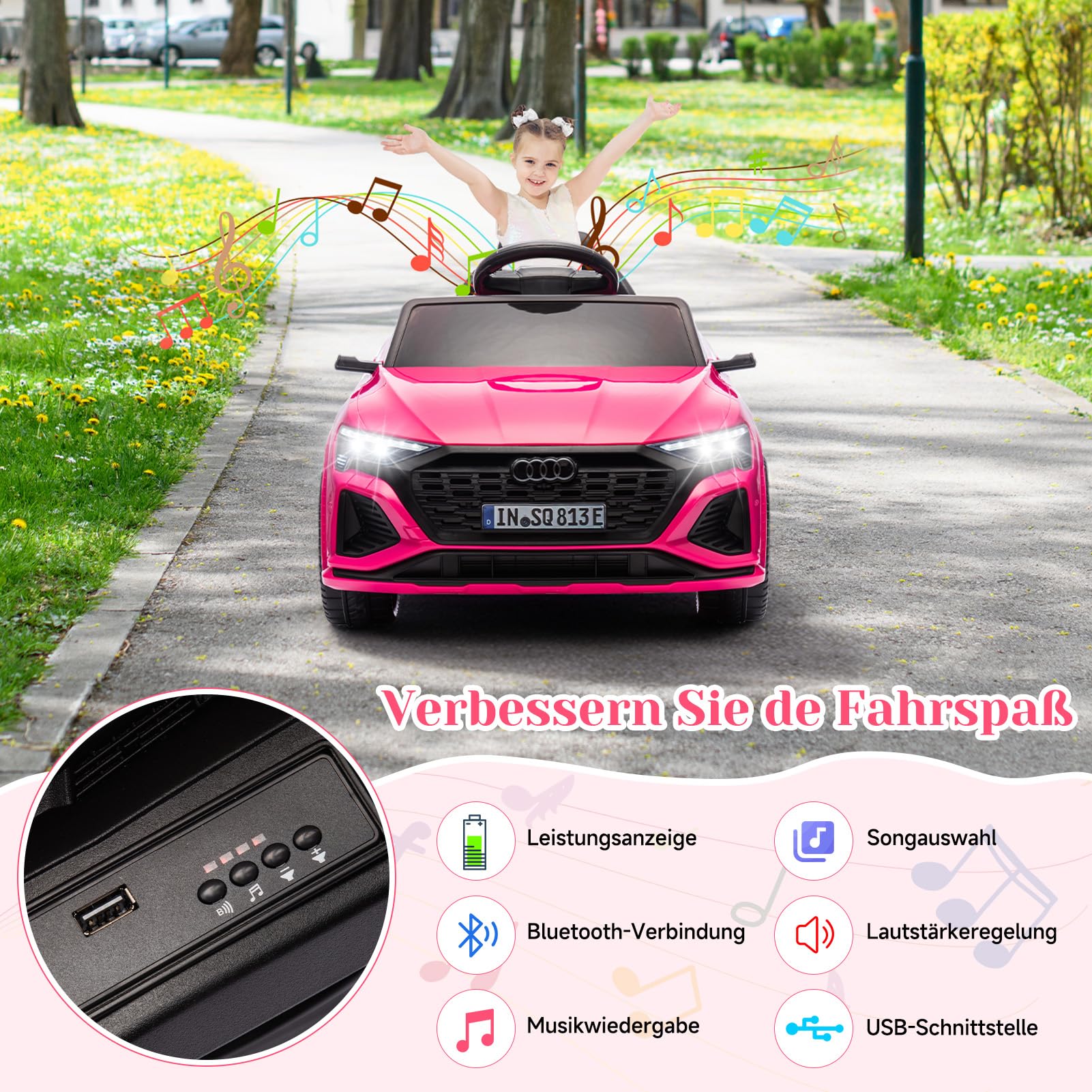 HAUSPROFI Elektro Kinderauto mit Bluetooth 12V Elektrofahrzeug SQ8 E-tron Elektroauto mit Fernbedienung 2,4GHz, Sicherheitsgurt, Musik, Kinderfahrzeug für Kinder 3-6 Jahre, 3-5 km/h, Rosa