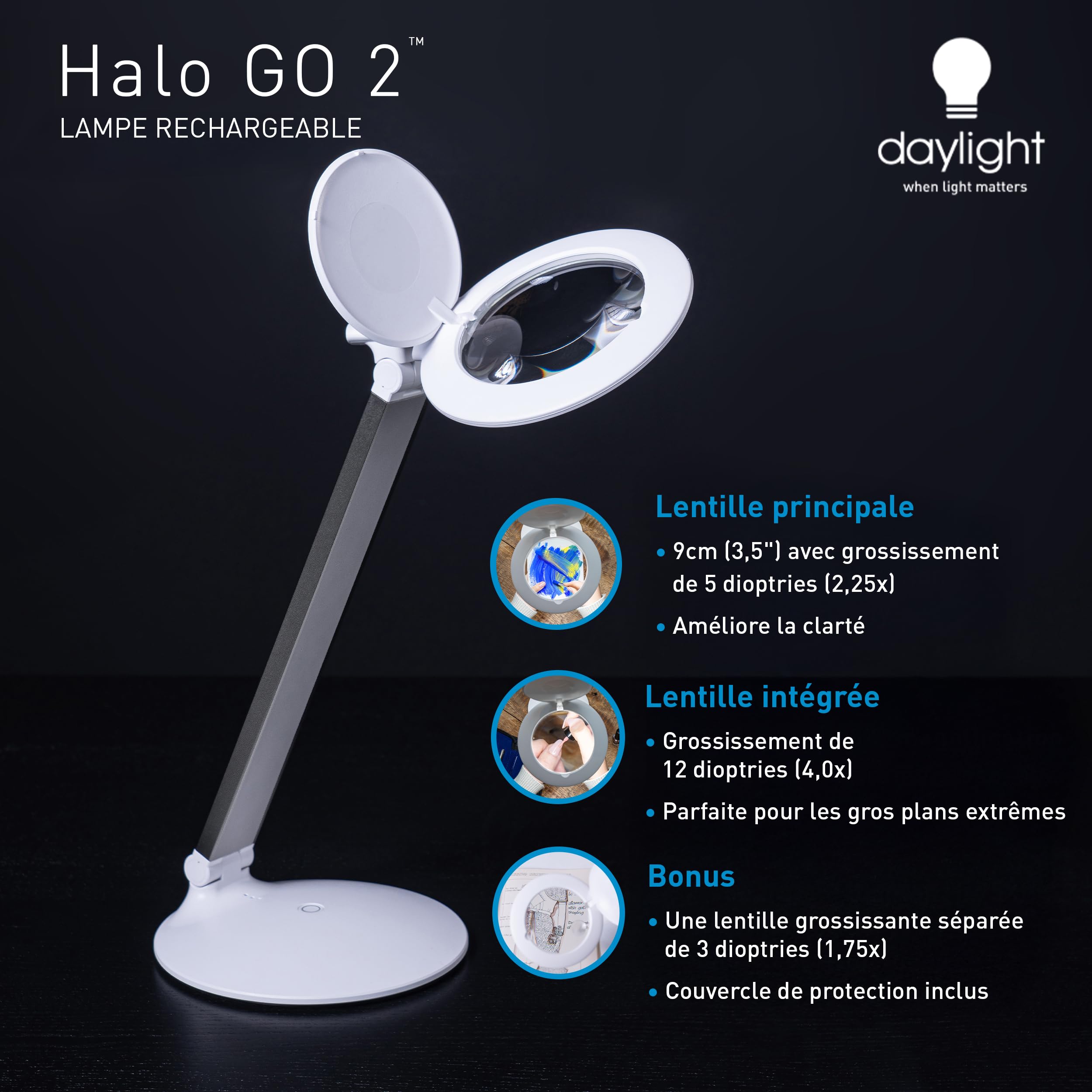 Lampe Loupe Rechargeable Portable Halo Go 2 6000K 80+ CRI