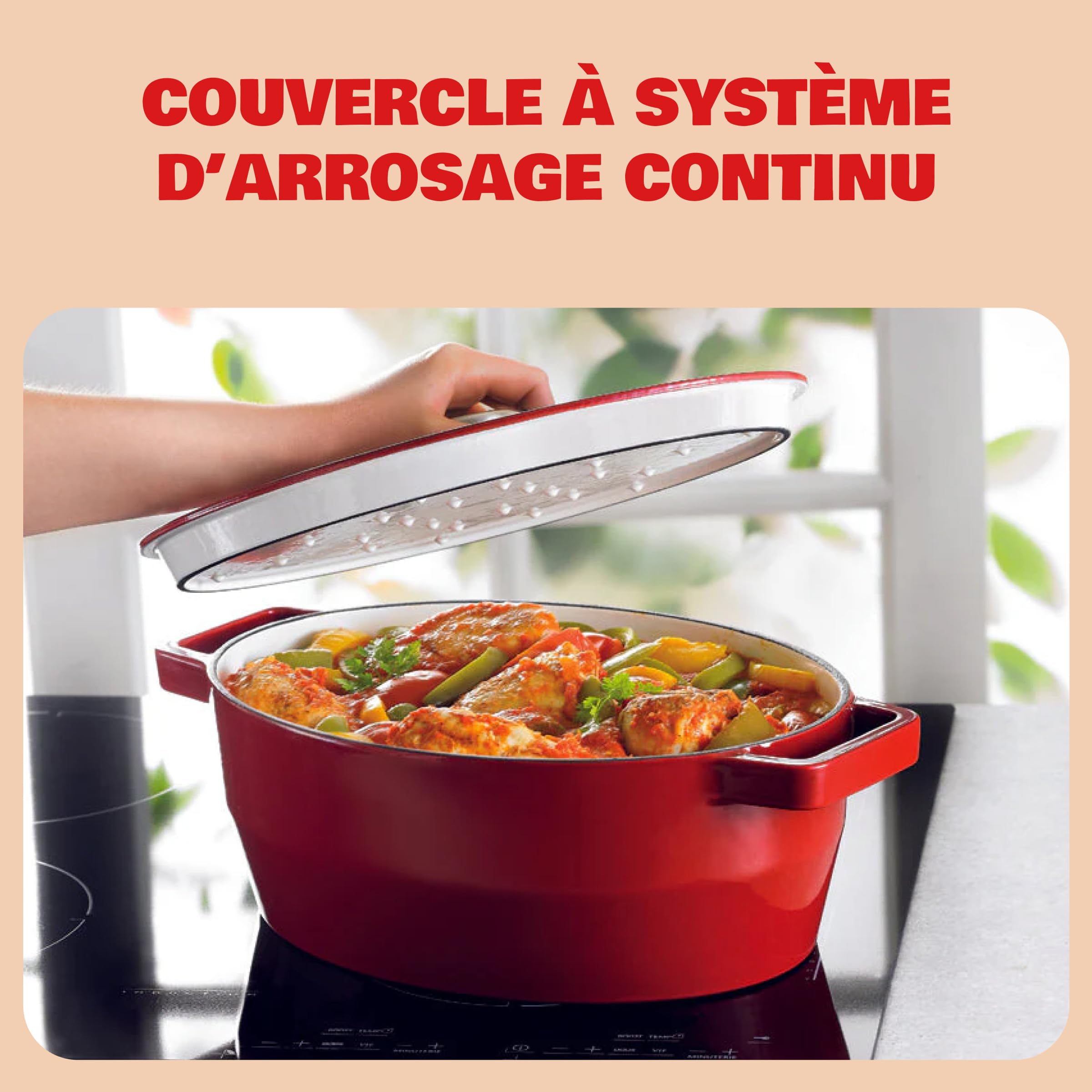 Pyrex - Cocotte En Fonte Ovale Rouge 29 cm - Cocotte avec Couvercle à Arrosage Intégré - Fonte émaillée Hautement Résistante - Polyvalente et Compatible Tous Feux - Ustensile de Cuisine - SlowCook
