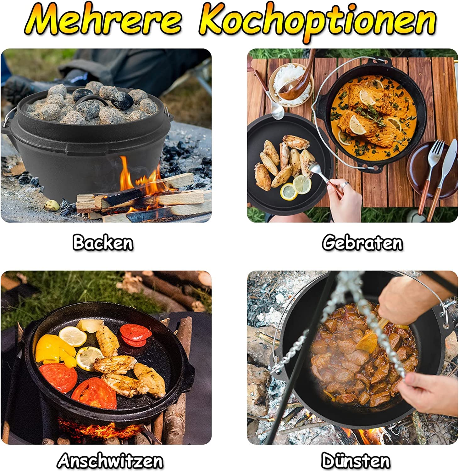 Froadp Set de Horno Holandés Dutch Oven Set Olla de Hierro Fundido Incluye Sartén Sartén para Hornear Cazuela Gancho de Mano etc Firepot Olla Parrilla para BBQ Interior Exterior Camping (10 Piezas)