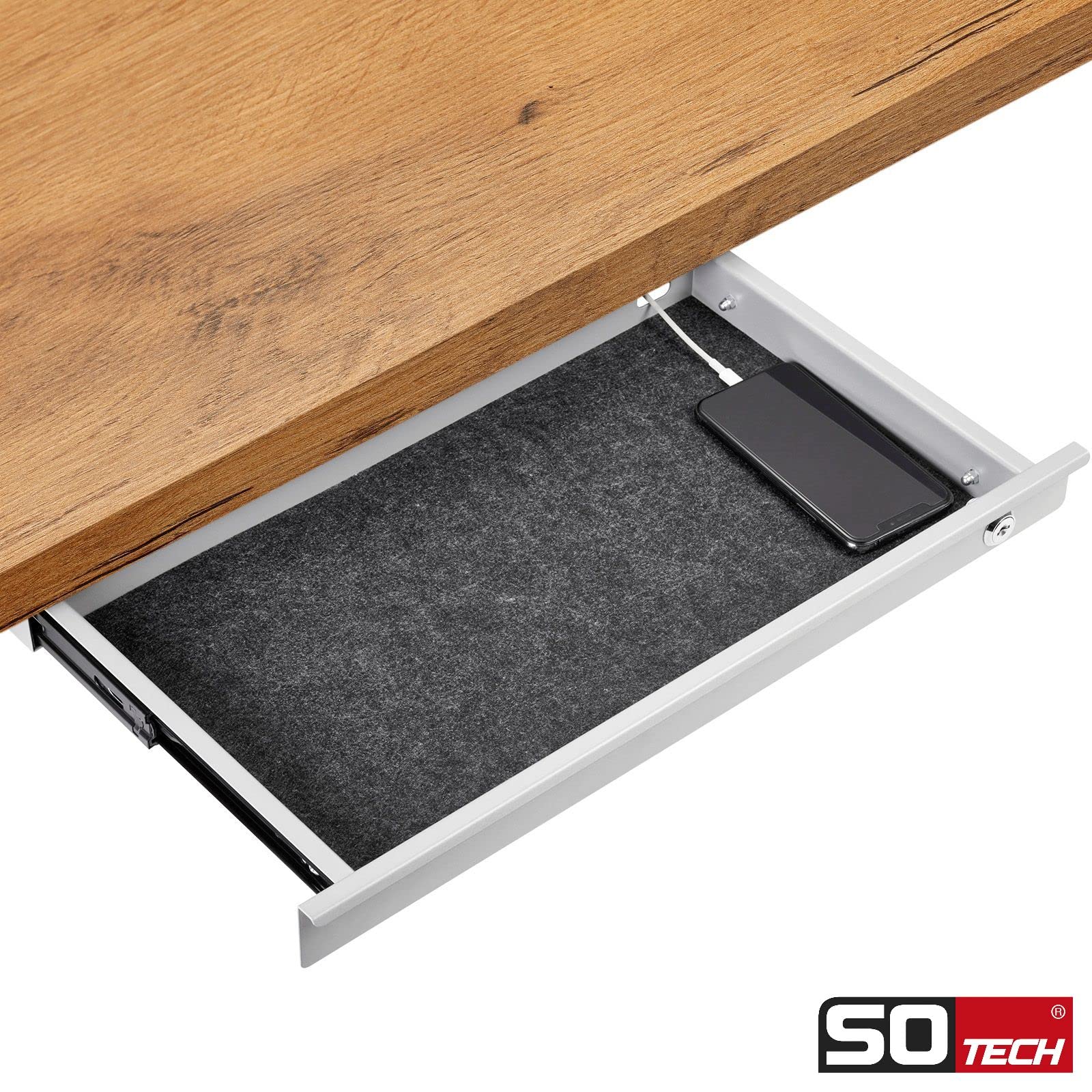 SOTECH Cajón bajo escritorio blanco con cerradura (500 x 265 x 45 mm) Cajón de escritorio con guías interiores separables