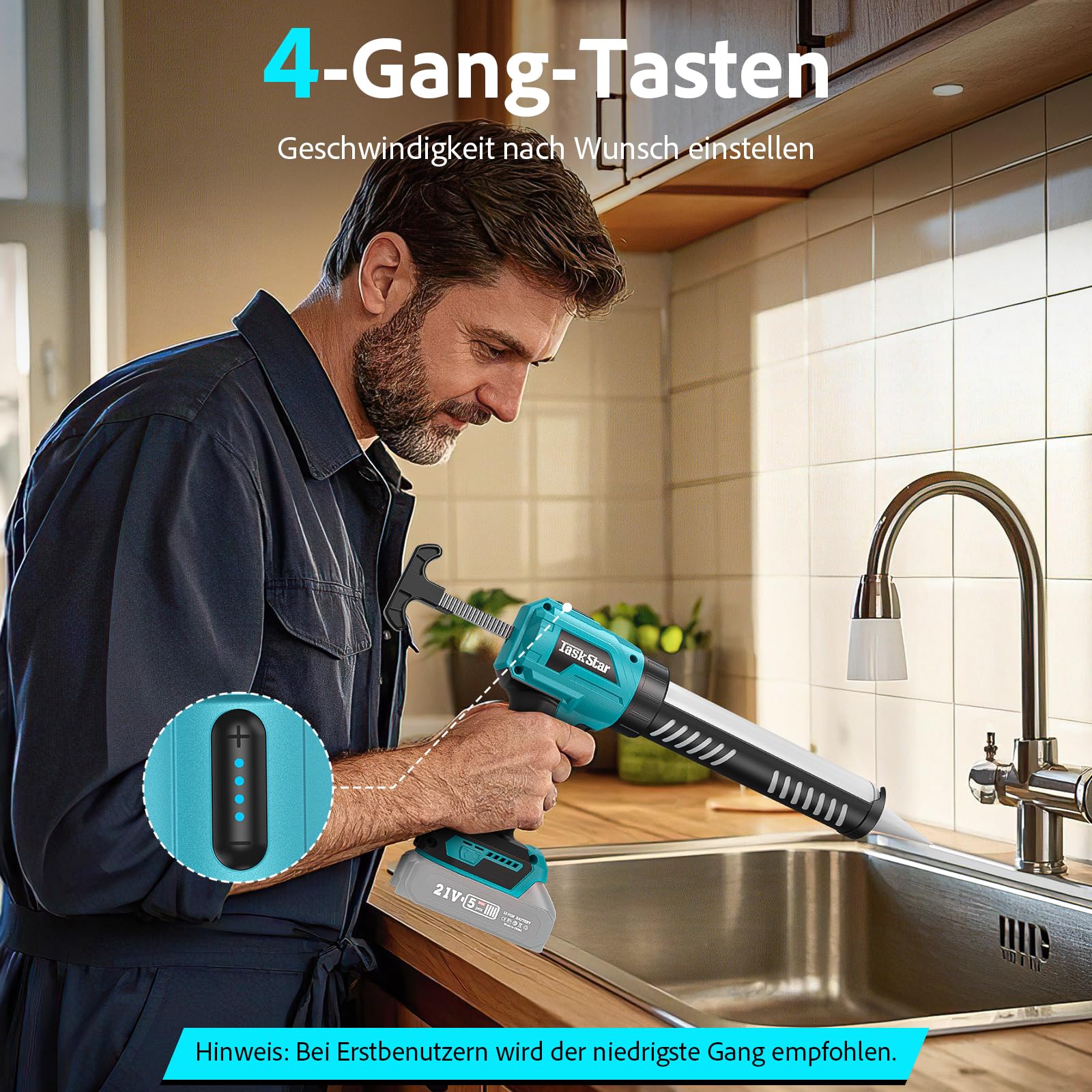 TaskStar Kartuschenpresse-Akku Kompatibel mit Makita Batterie 18V, Kartuschenpistole Elektrisch mit 4 einstellbaren Geschwindigkeiten, Silikonspritze Akku profi für 300 ml-Kartuschen (Ohne Akku)