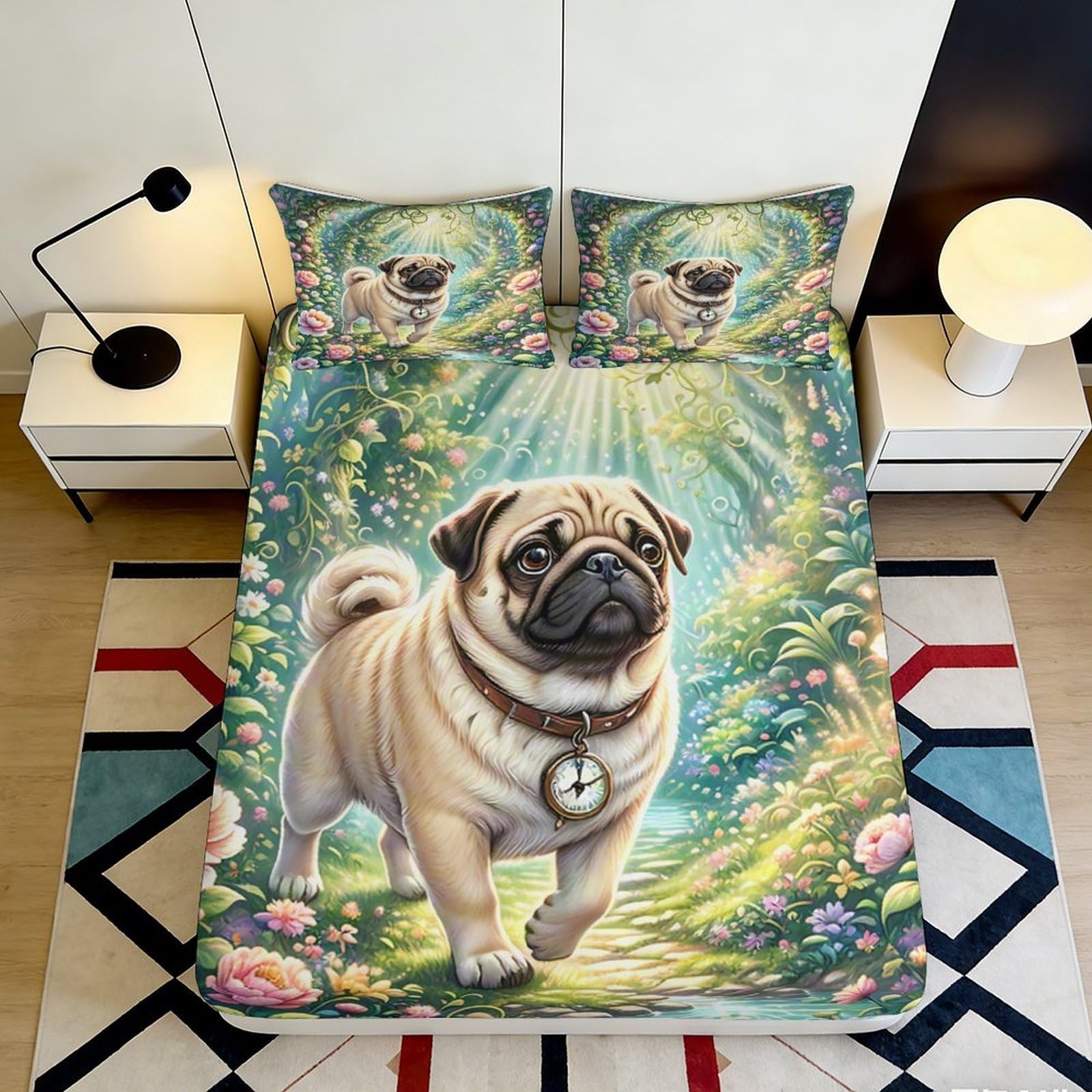 3D Printed Pug Garden Fitted Sheet Microfiber Anti-Slip Bed Cover for Bedroom Dorm Mattress Decor Easy Care 200x200x25cm
