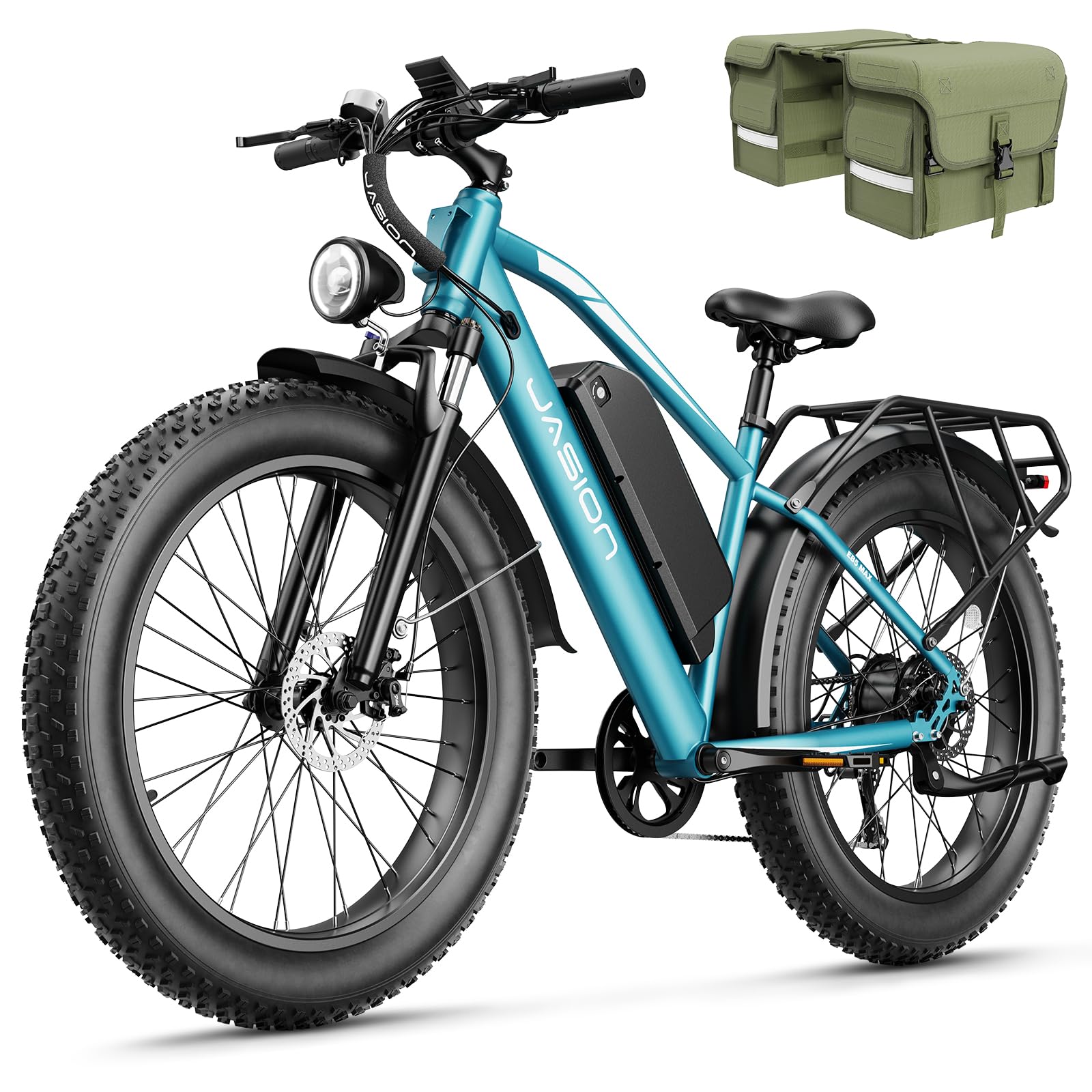 Jasion EB5 MAX Electric Bike for Adults with 1500W Peak Motor, 48V 15Ah (720Wh) Battery Electric Mountain Bike, 26'' x 4'' Fat Tire Ebike, 28+MPH Speed, Cruise Control, with Fenders, Rear Rack