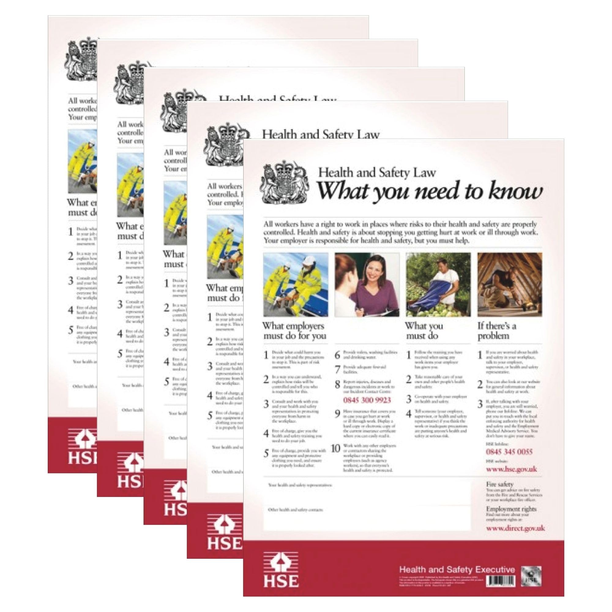 Poster 2026 per legge sulla salute e la sicurezza, confezione da 5 poster HSE (cartello laminato per ufficio A2), facile da leggere, cartello di sicurezza durevole per ufficio, magazzino e sito