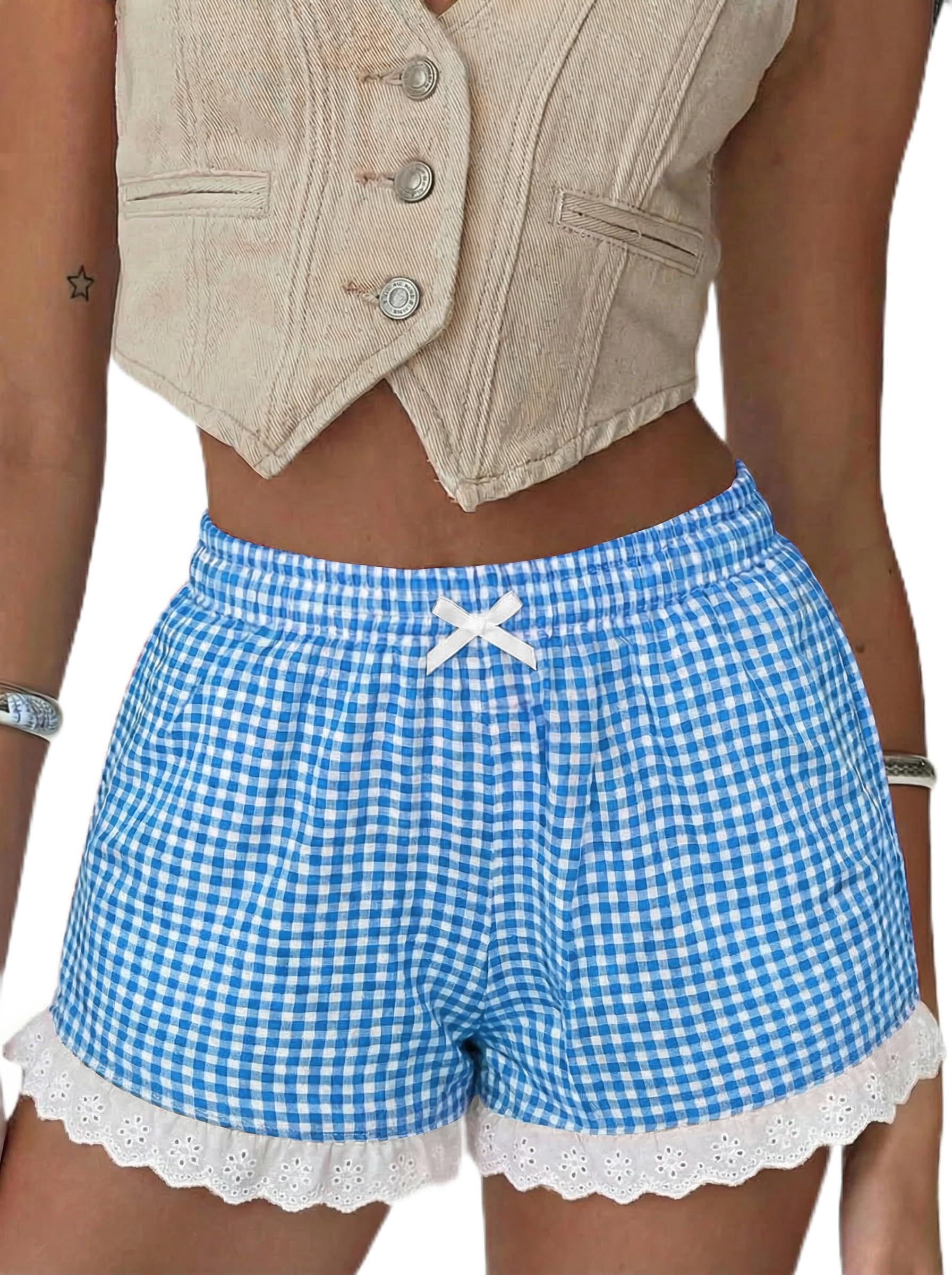 Boxer Shorts Gingham Shorts Y2K Beach Bottoms | Plaid Shorts Y2K Pajama Bottoms Two Pockets