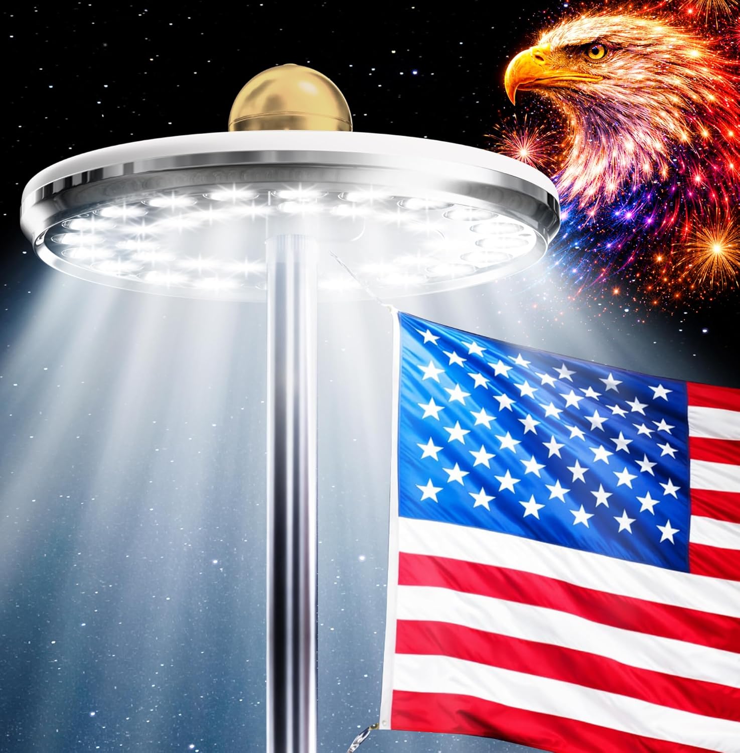 Deneve Deluxe Solar Powered Flagpole Lamp – Dusk to Dawn 12+ Hours, 26 LED, 1300 Lumen Outdoor Lighting for American Flag, Garden Decor, House Decor, 100% Coverage Black Model