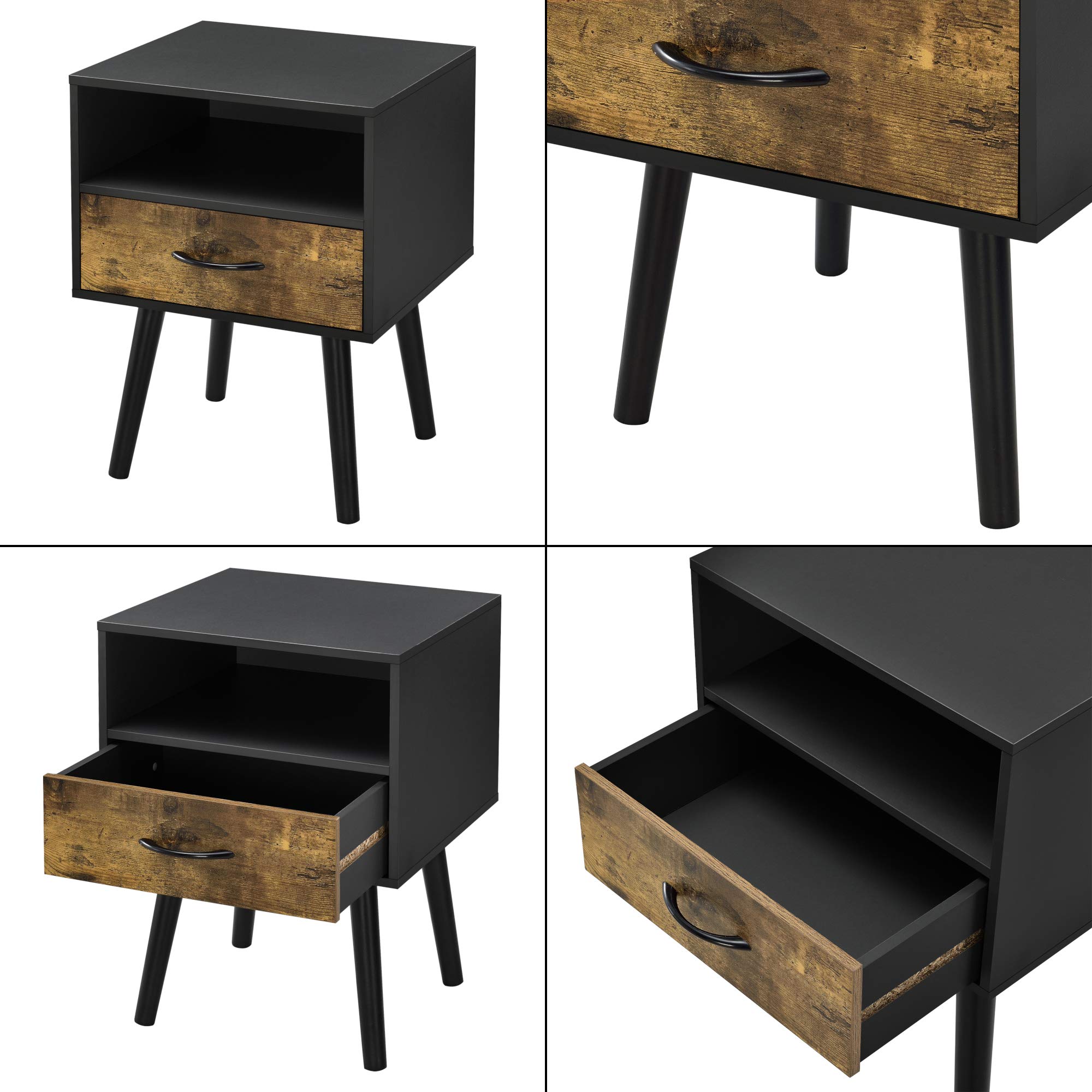 [en.casa] Comodino con Cassetto e Scomparto Aperto Tavolino Laterale per Divano Soggiorno Corridoio Mobiletto da Notte 57 x 42 x 40 cm - Nero/Effetto Legno Scuro