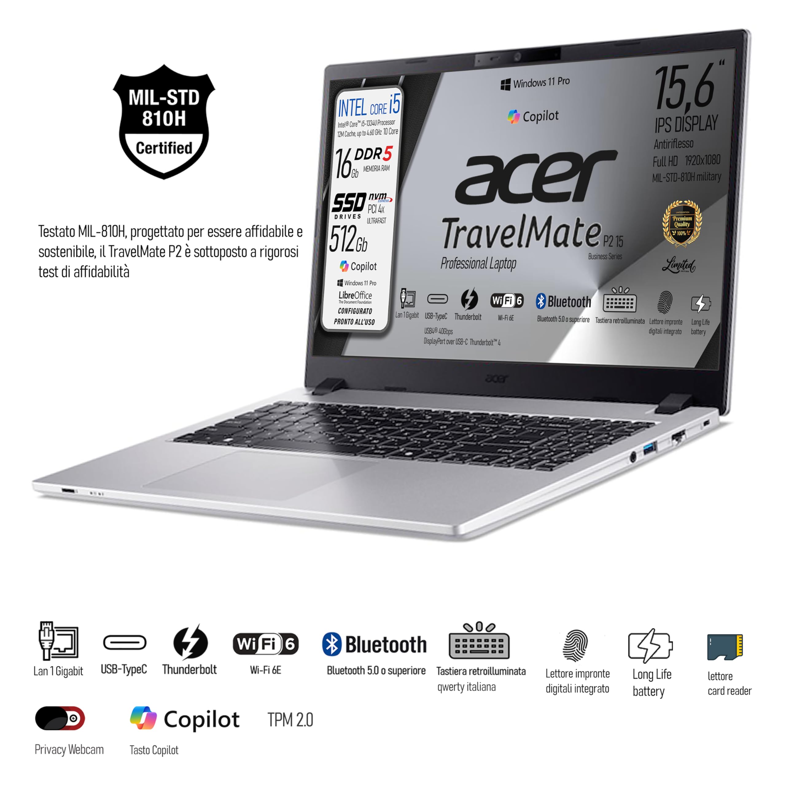 acer Notebook Core i5-1334u, 10Core, Display FHD IPS 15,6", Ram 16Gb DDR5, SSD 512Gb, Wi-Fi6e, BT, 4 Usb di cui 2 type-C Thunderbolt, tastiera retroilluminata, fingerprint, Win 11Pro, Ready to use