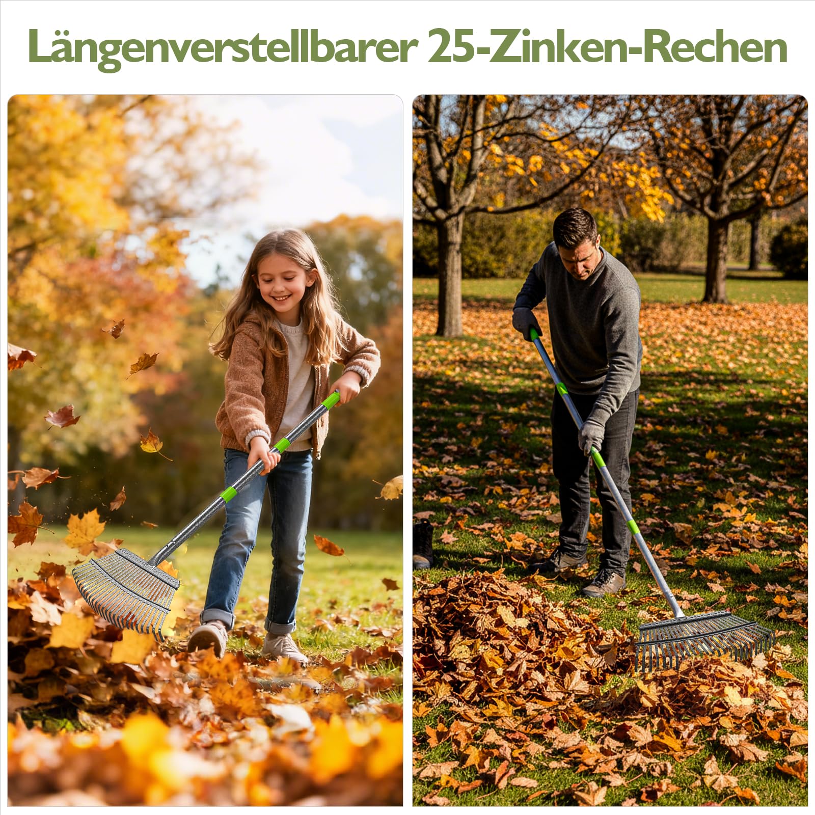 Rechen Garten,25+11 Zinken Laubrechen mit Stiel Metall, Verstellbarer Stiel (70-185 cm),Schwerlast Laub,Gartenharke für Laub, Rasen, Boden,inkl. 2 Handschuhe