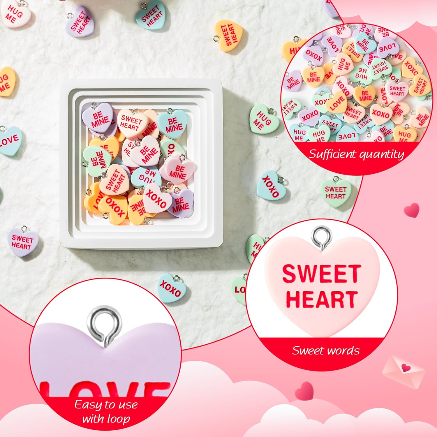 PANTIDE 60Pcs Valentine's Day Conversation Heart Charms Colorful Resin Pendant for Jewelry Making Necklace Bracelet Earring DIY Art Craft Accessories, Anniversary Birthday Bulk Gift for Women - Image 3