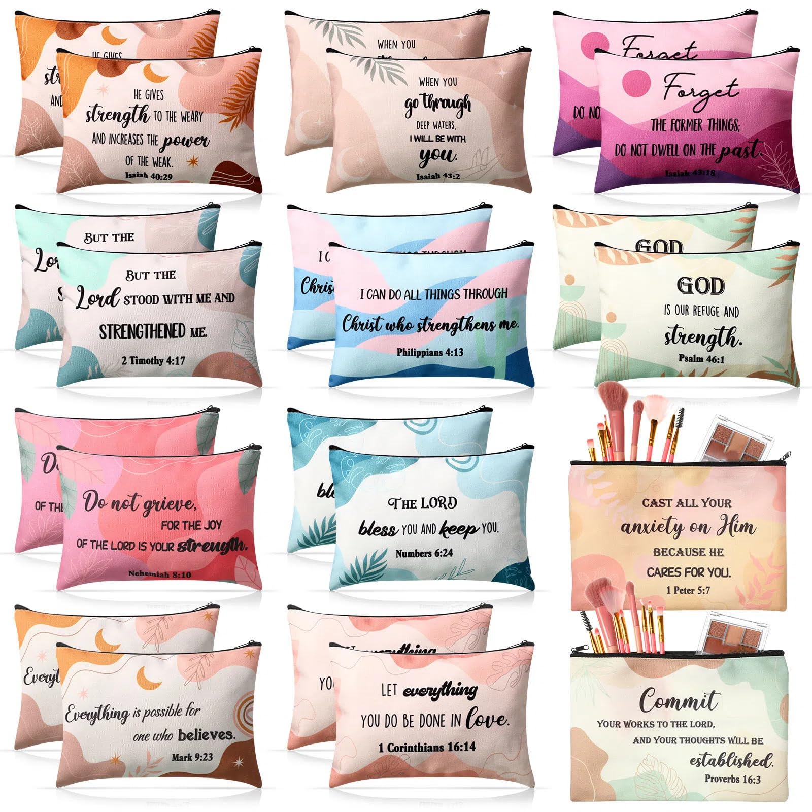Qeeenar 24 Pcs Christian Makeup Bag Bible Cosmetic Bags Inspirational Bible Verse Toiletry Pouches Canvas Motivational Pouches with Zipper for Women