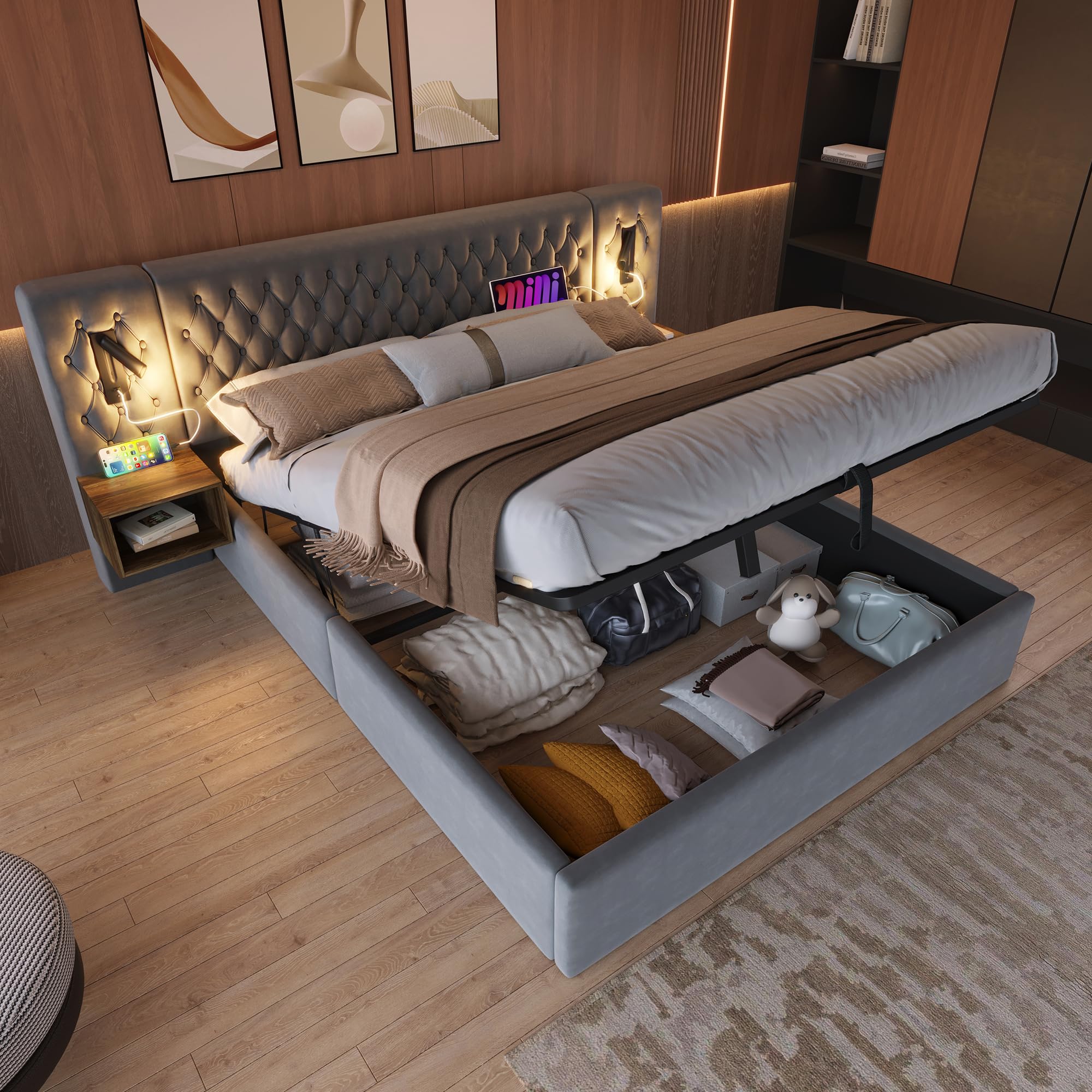 Cama de 180 x 200 cm con cabecero de luz de lectura y USB, cama tapizada de 180 x 200 cm con 2 mesitas de noche para dormitorio, juego completo, cama doble con somier, espacio de almacenamiento, cama