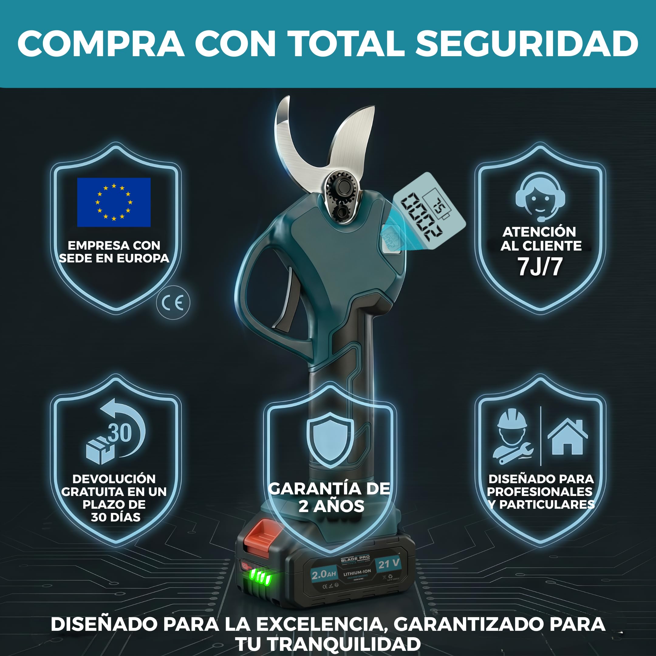 Tijeras de podar eléctricas inalámbricas 800 W – Corte 40 mm – 2 baterías de litio 6000 mAh – Tijeras de podar profesional de jardín – Kit completo (Pack pro)