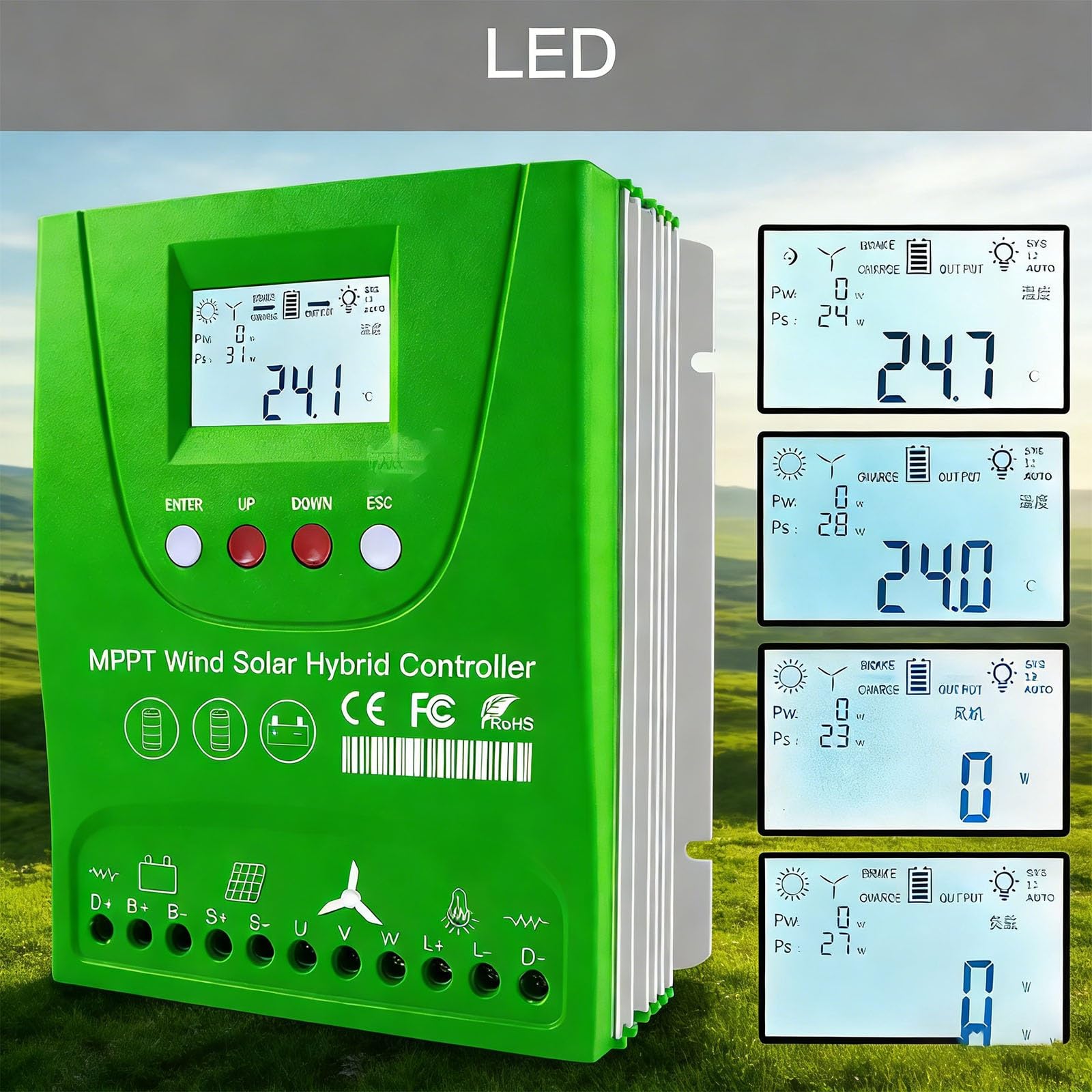 Regolatore di Carica Ibrido Solare Eolico 6000W-10000W, Batteria Automatica 24V/48V Regolatore Solare Eolico Ibrido MPPT con Display LCD e carico di Scarico Libero accurato(12V,10000W)