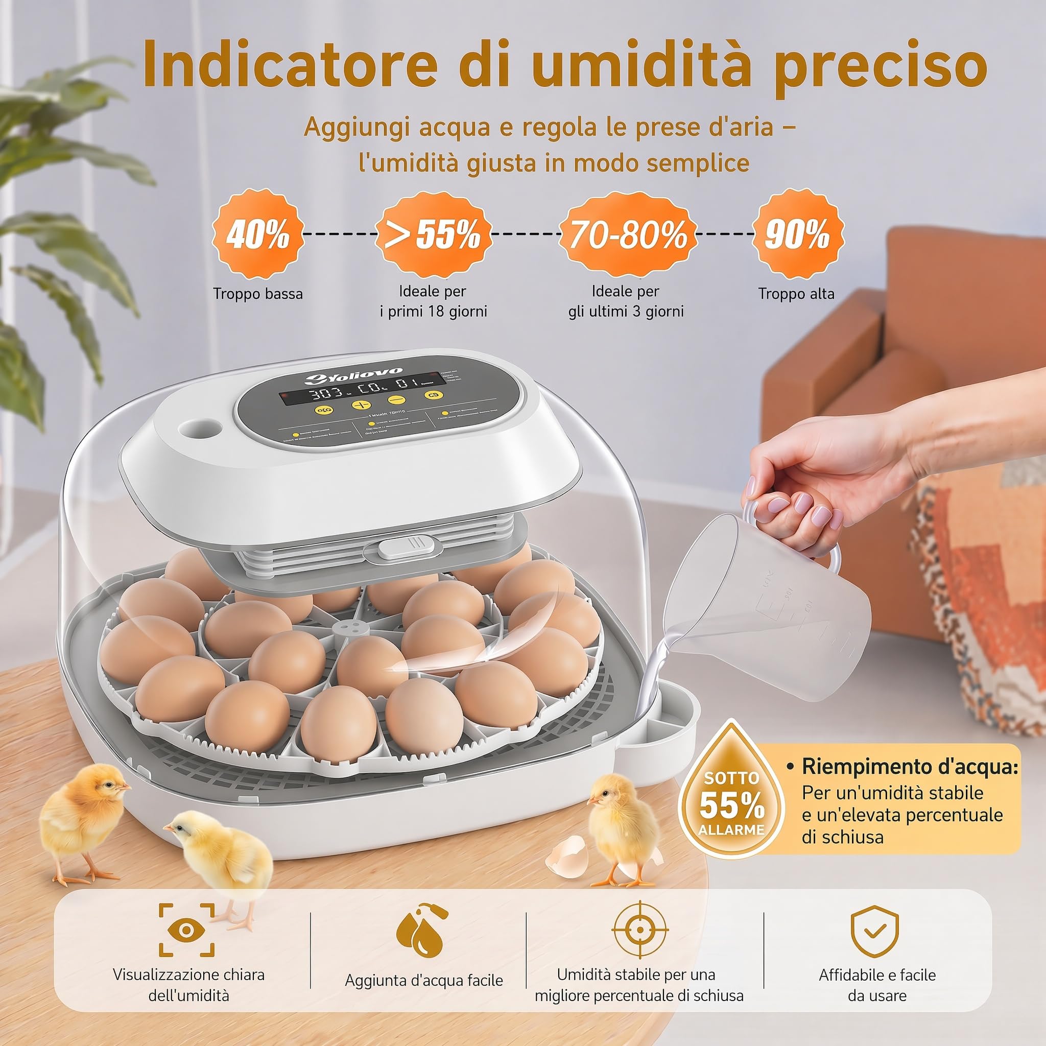 Sailnovo incubatrice automatica per 24 uova, 4 modalità per volatili, con girauova automatico, controllo temperatura e allarme umidità, per uova di gallina, anatra e quaglia (Grigio)