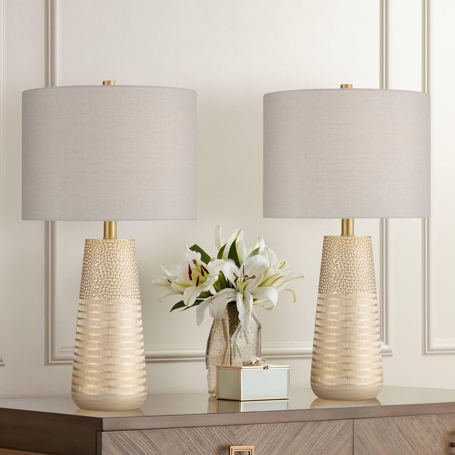 360 Lighting Mira 25 1/4" High Modern Table Lamps Set of 2 Textured Gold Finish Fabric Oatmeal Shade Living Room Bedroom Bedside Nightstand House Office Home Reading Kitchen Entryway Console