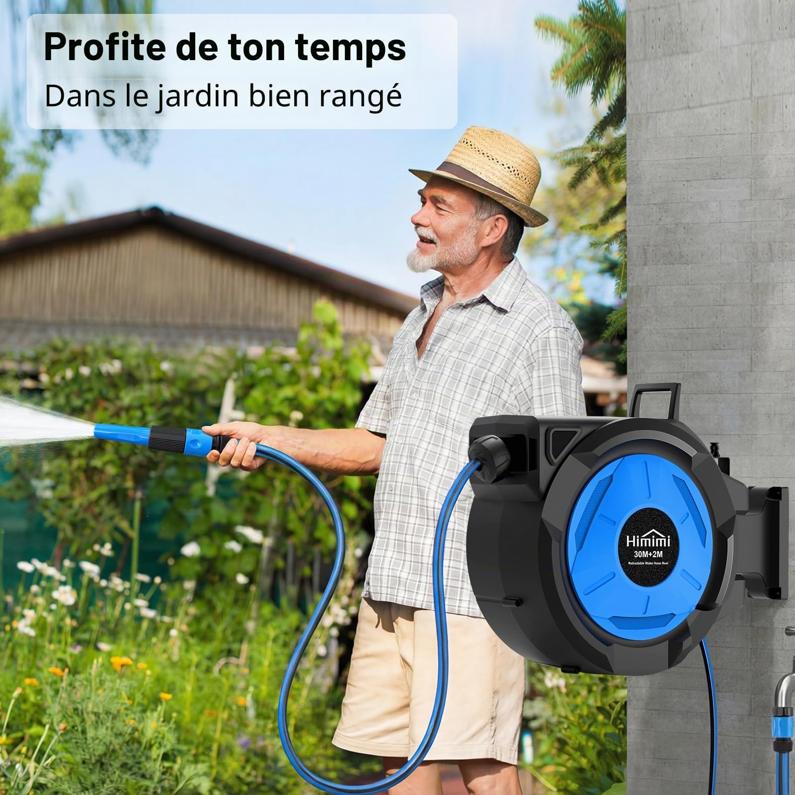 Himimi Enrouleur de Tuyau d’Arrosage Mural Rétractable 30 m + 2 m, Dévidoir Automatique 1/2 Pouce avec Rembobinage Lent, Verrouillage à Toute Longueur, Support Pivotant 180°, pour Jardin et Terrasse