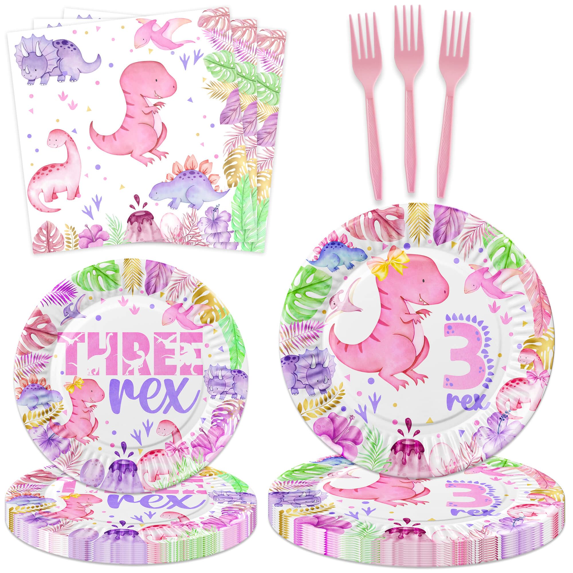 80 Pcs Watercolor Dinosaur 3rd Birthday Decorations Three Rex Party Tableware Includes Plates, Forks, Napkins for Girls T-Rex 3 Rex Dinosaur 3 Year