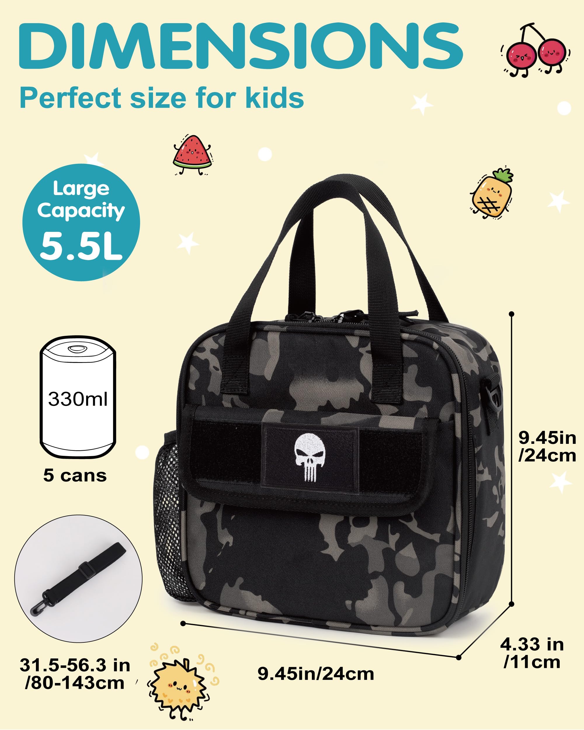 Lunch box tattica per ragazzi, borsa termica per bambini con tracolla e porta-bottiglia, piccola borsa frigo riutilizzabile e idrorepellente per scuola e asilo