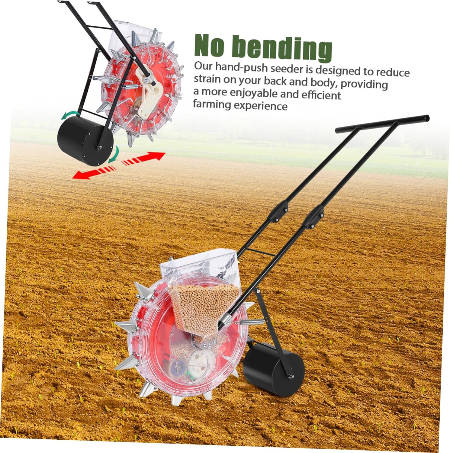 Diagram showing the 'No Bending' feature of the hand-push seeder, highlighting ergonomic design.